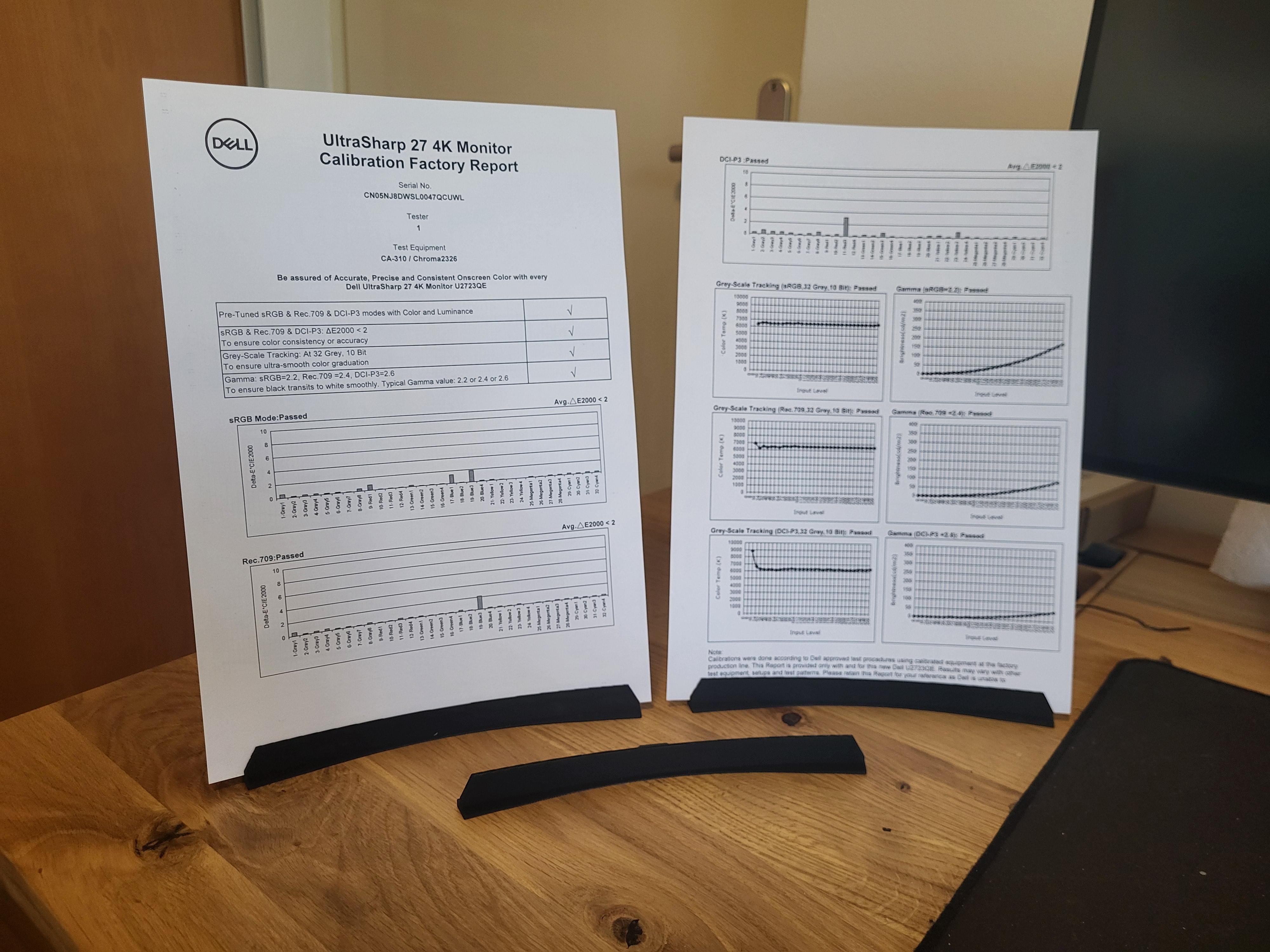 Upright paper stand holding a Dell UltraSharp 27 4K Monitor Calibration Factory Report on a wooden table