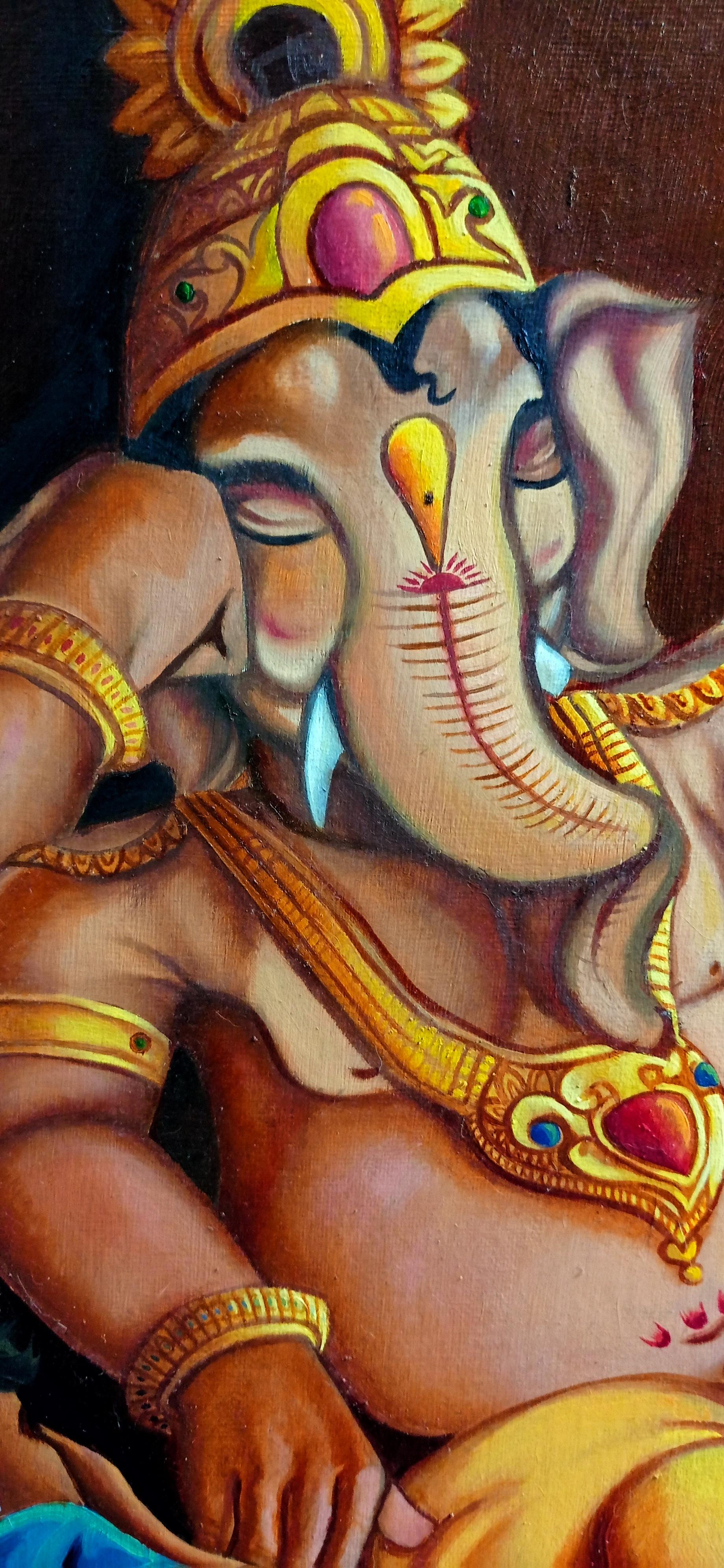 Concept art oil painting of Ganesha in a yellow dhoti and gold jewelry with a lotus flower