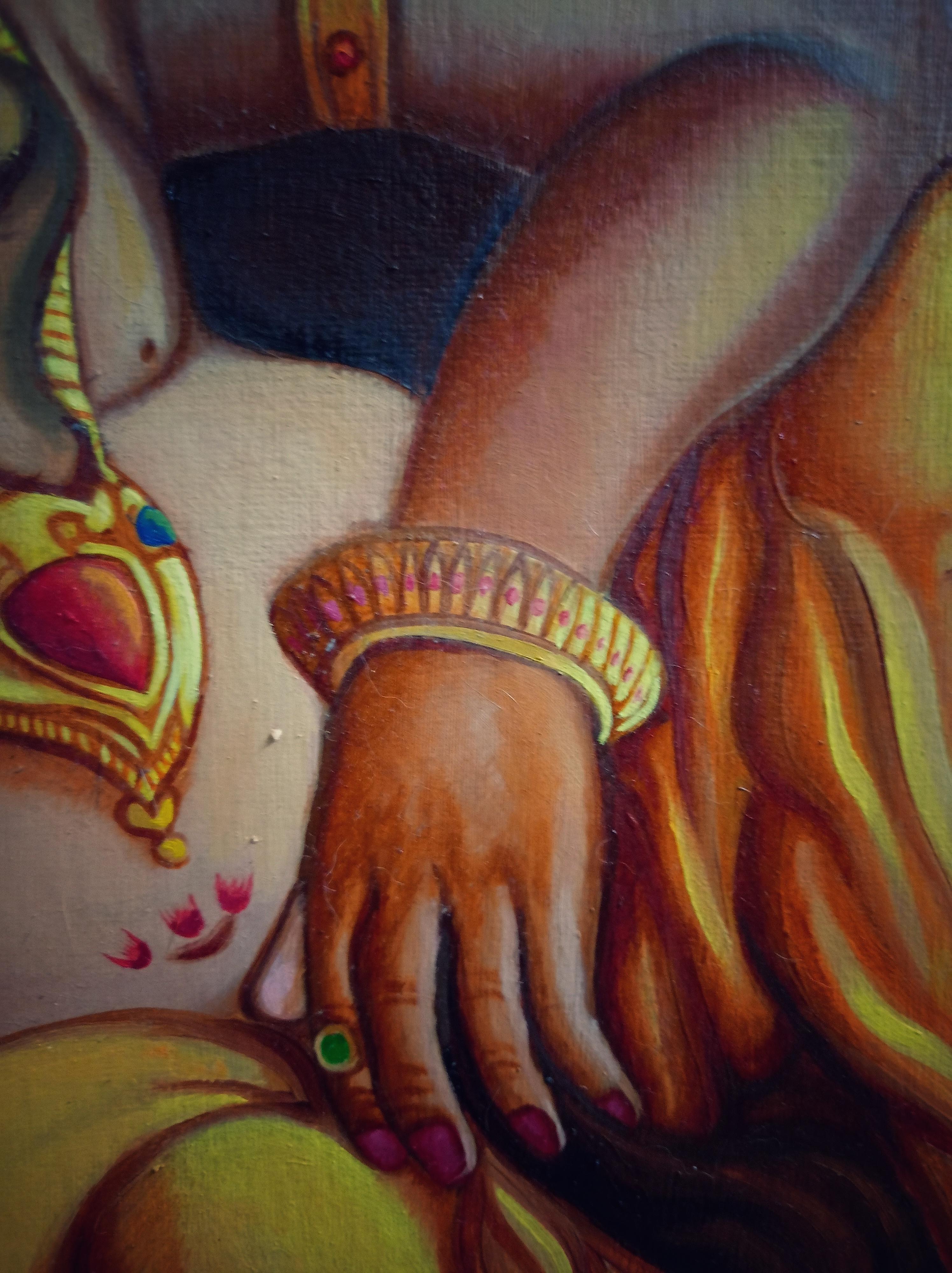 Concept art oil painting of Ganesha in a yellow dhoti and gold jewelry with a lotus flower