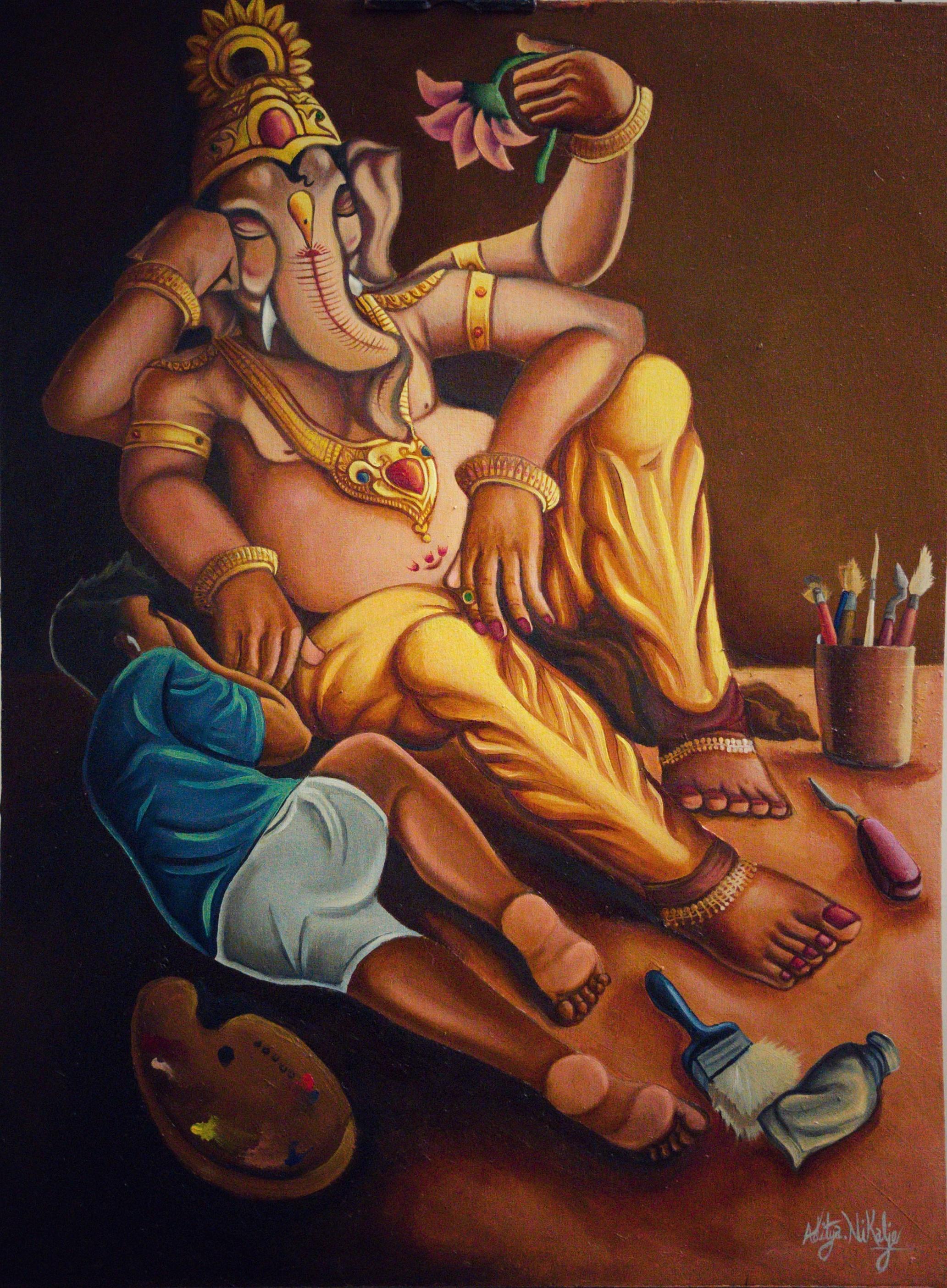 Concept art oil painting of Ganesha in a yellow dhoti and gold jewelry with a lotus flower
