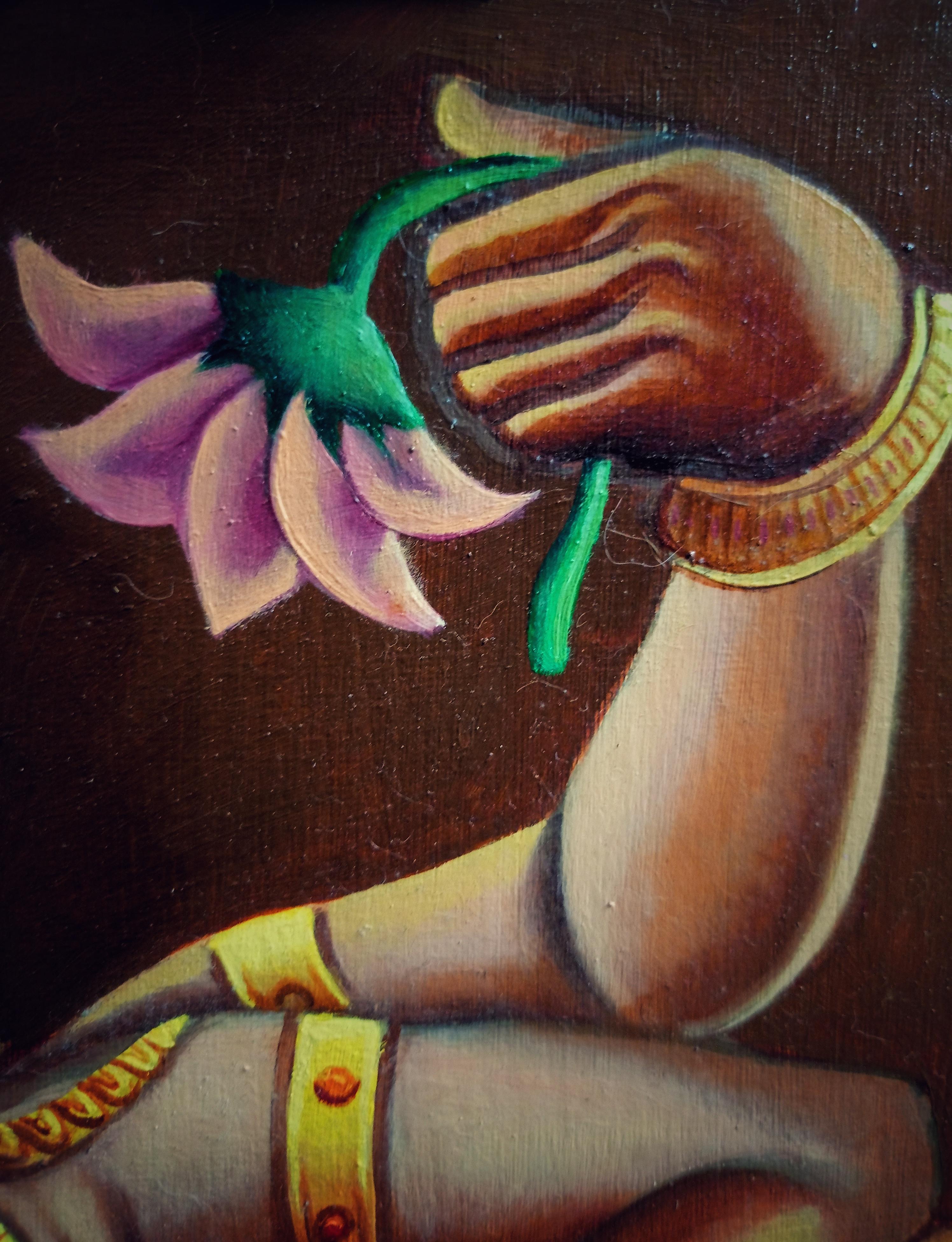 Concept art oil painting of Ganesha in a yellow dhoti and gold jewelry with a lotus flower