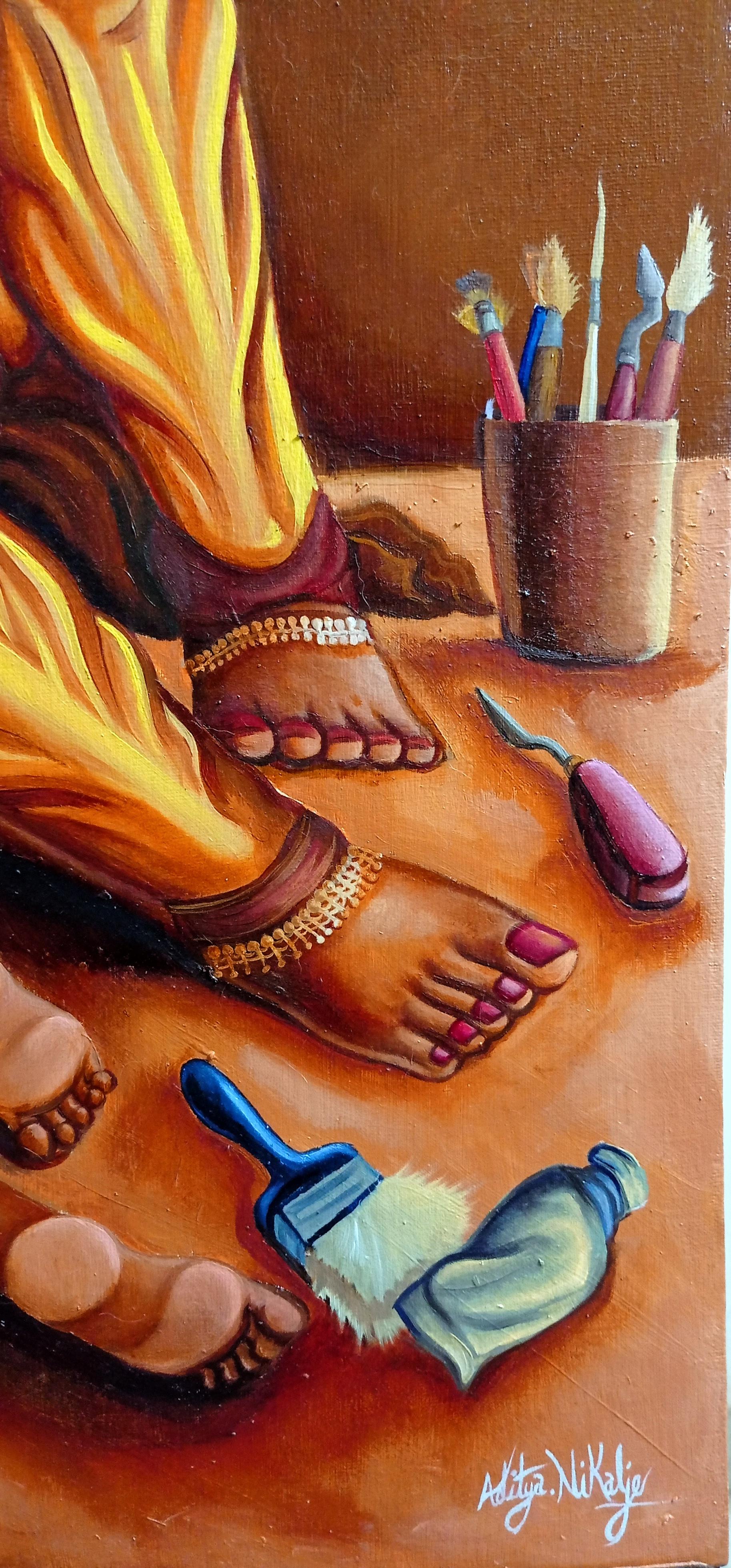 Concept art oil painting of Ganesha in a yellow dhoti and gold jewelry with a lotus flower