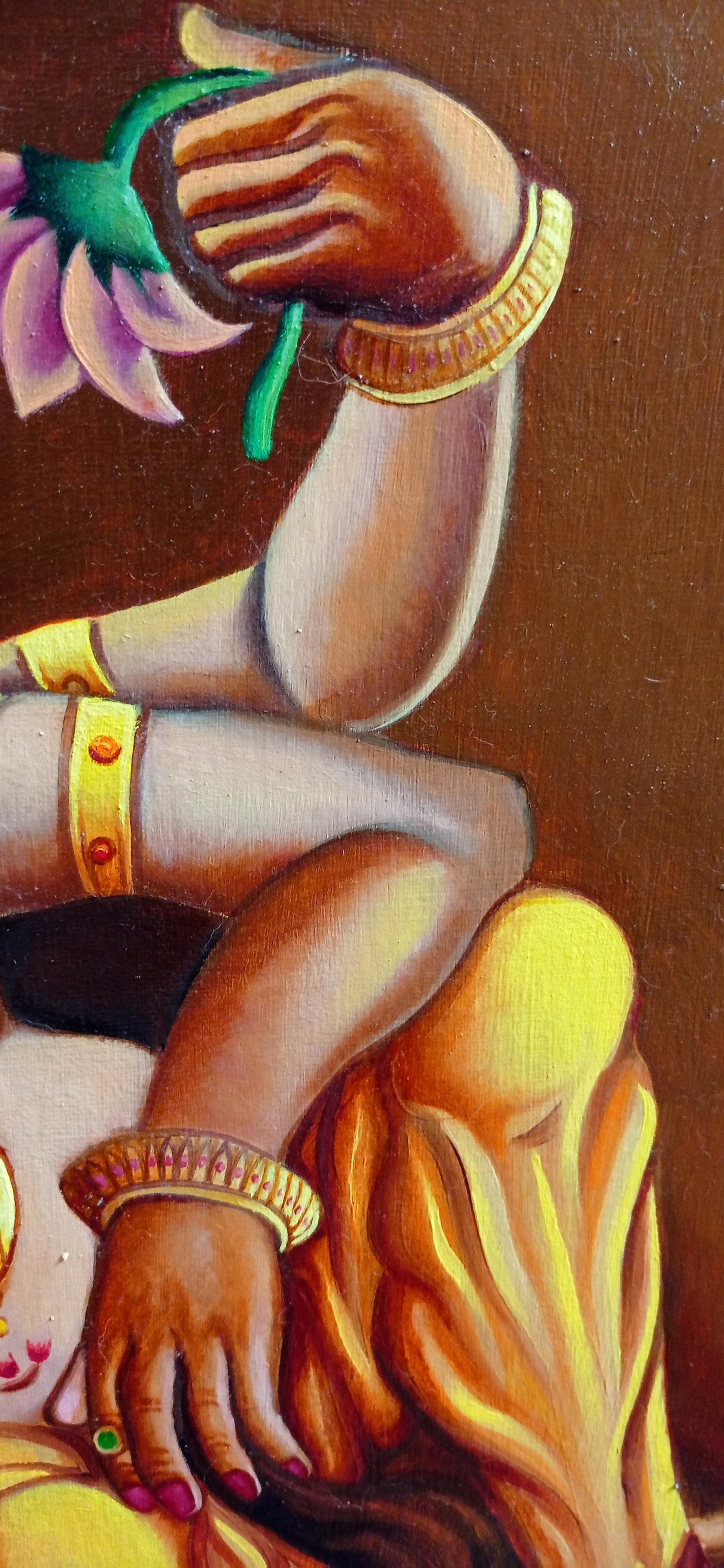 Concept art oil painting of Ganesha in a yellow dhoti and gold jewelry with a lotus flower