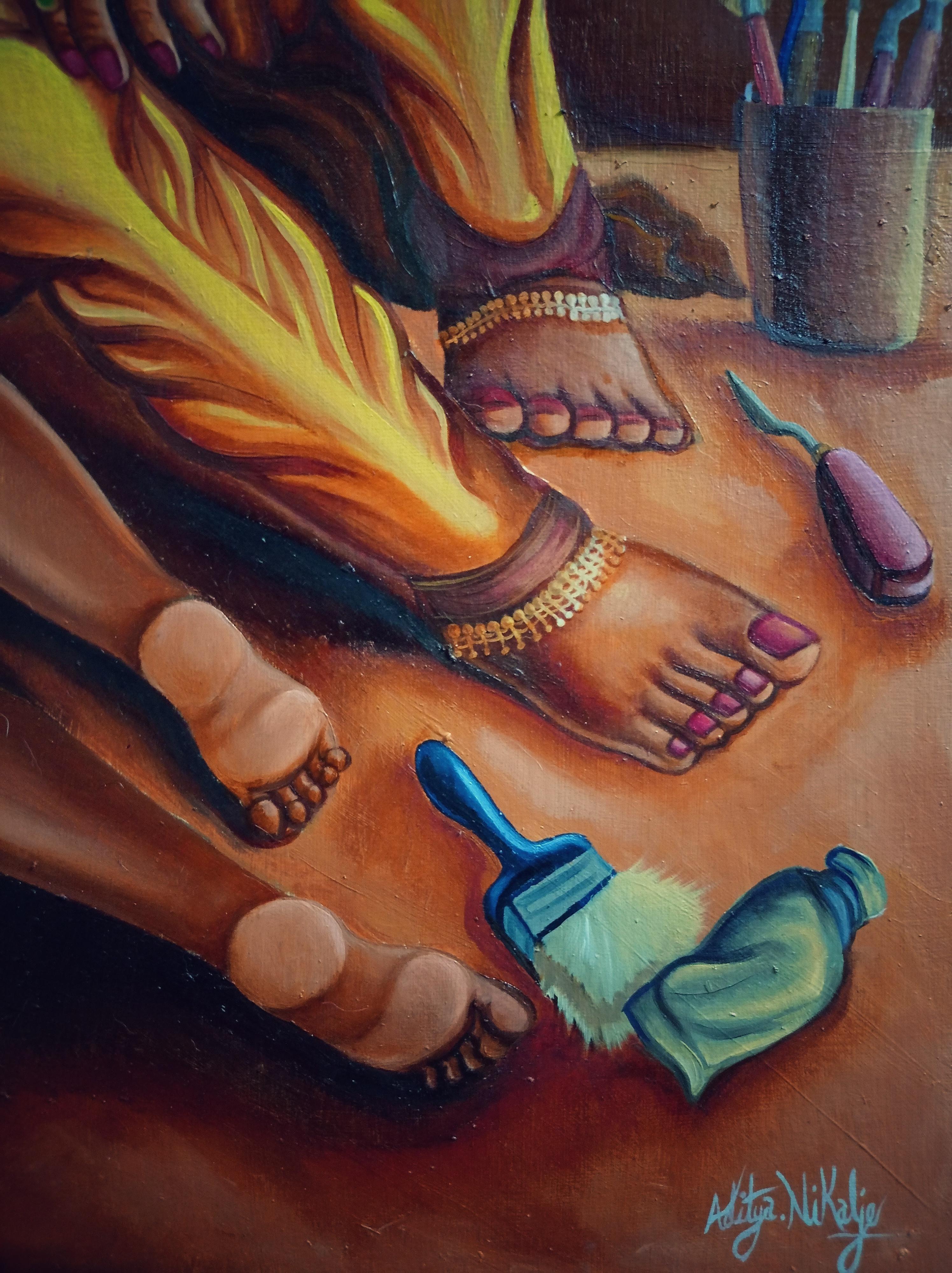Concept art oil painting of Ganesha in a yellow dhoti and gold jewelry with a lotus flower