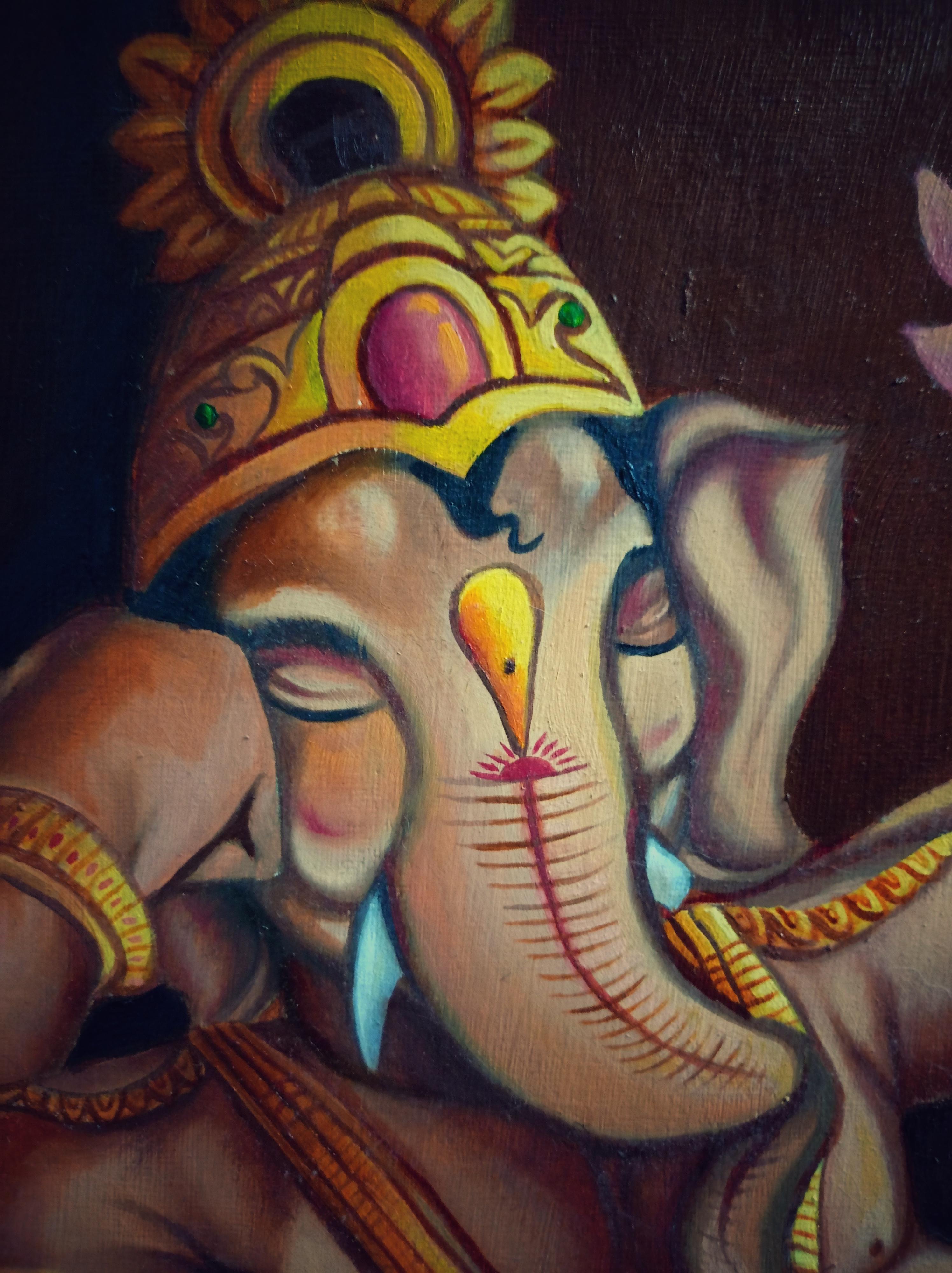Concept art oil painting of Ganesha in a yellow dhoti and gold jewelry with a lotus flower