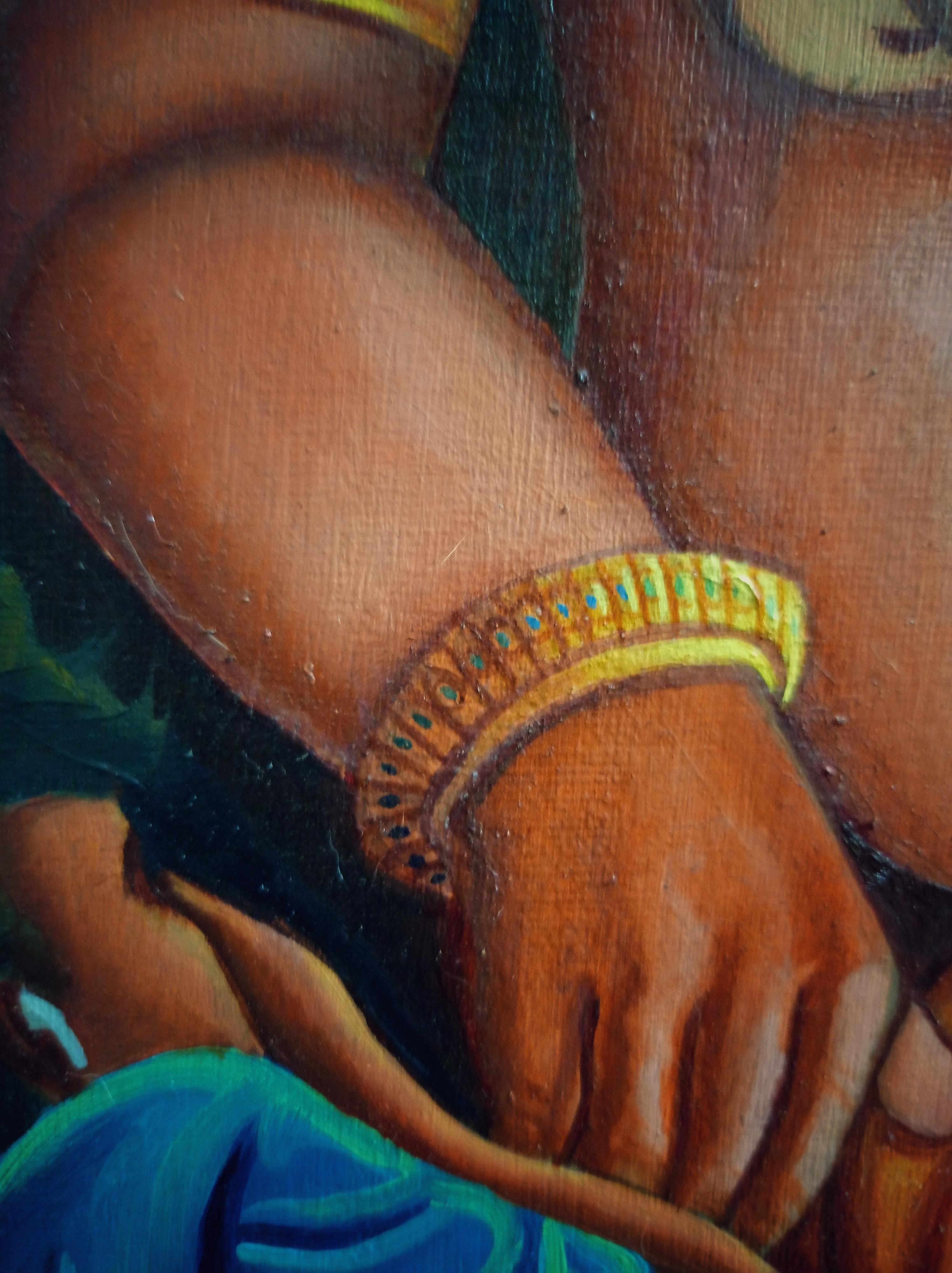 Concept art oil painting of Ganesha in a yellow dhoti and gold jewelry with a lotus flower