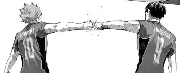 Haikyuu fan art showing a manga panel and a sketchbook drawing of Hinata and Kageyama fist-bumping