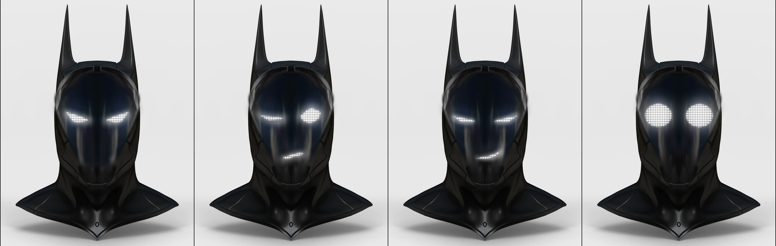 Batman Beyond live action mask concept art with 3D renders of a cyberpunk robot helmet and glowing eyes