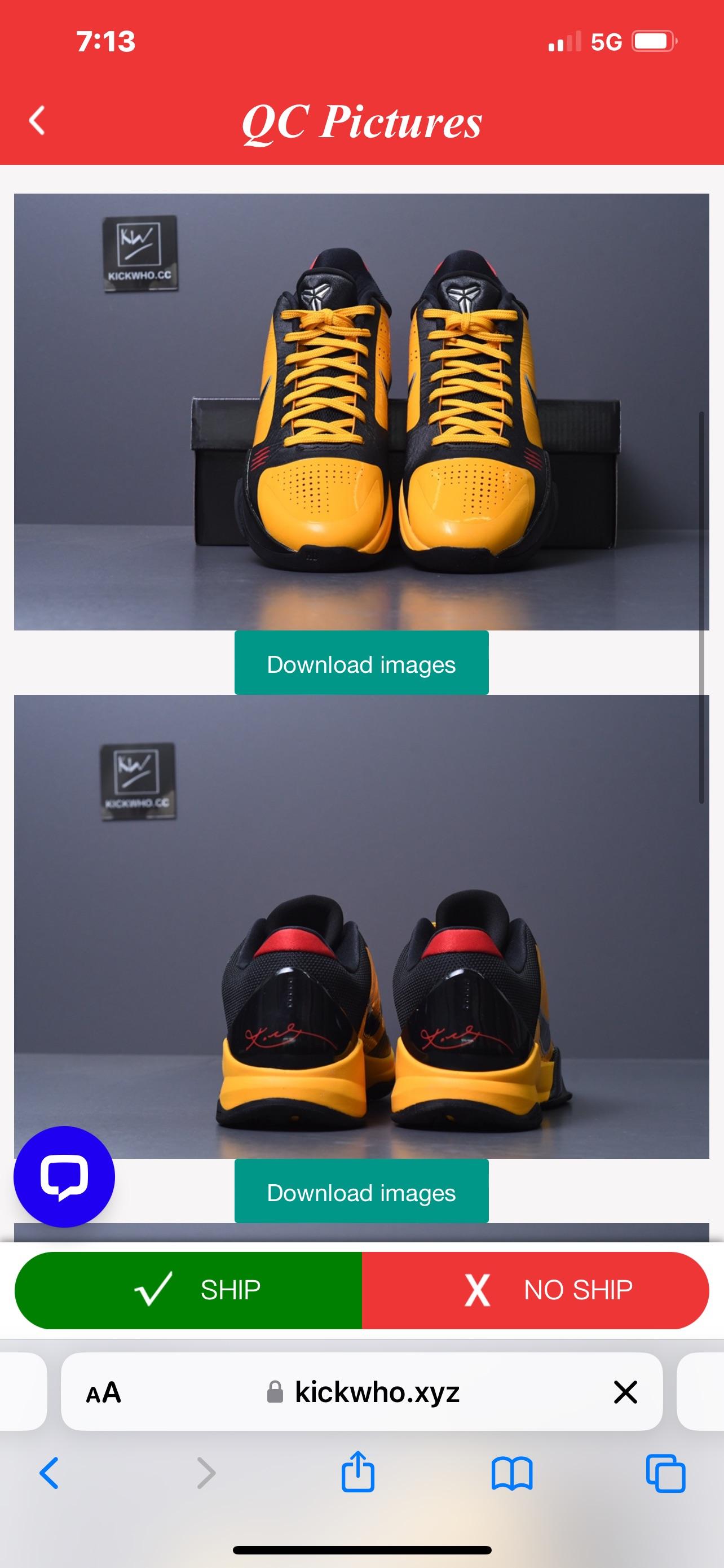 Kobe 5 Godkiller sneaker photos showing quality control close-ups in a mobile app interface