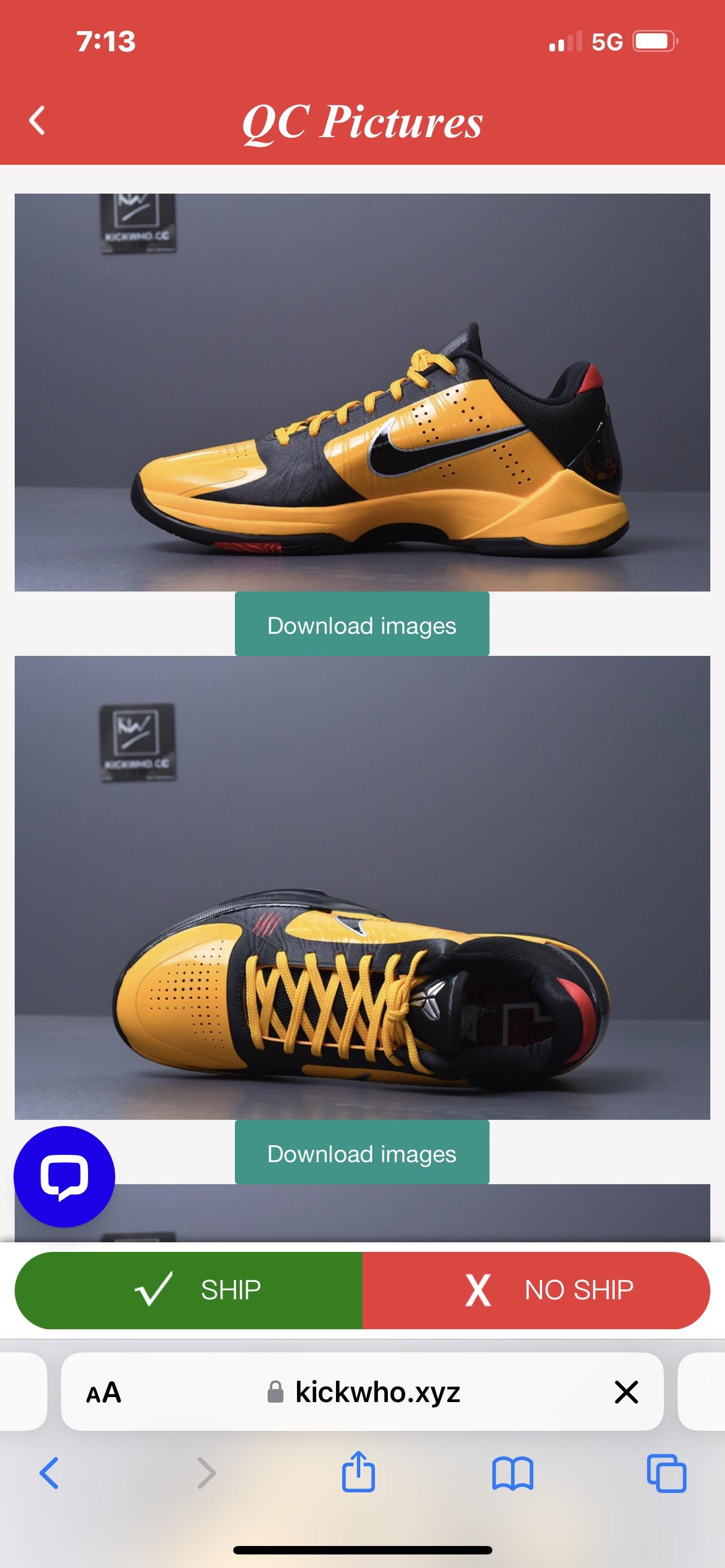 Kobe 5 Godkiller sneaker photos showing quality control close-ups in a mobile app interface