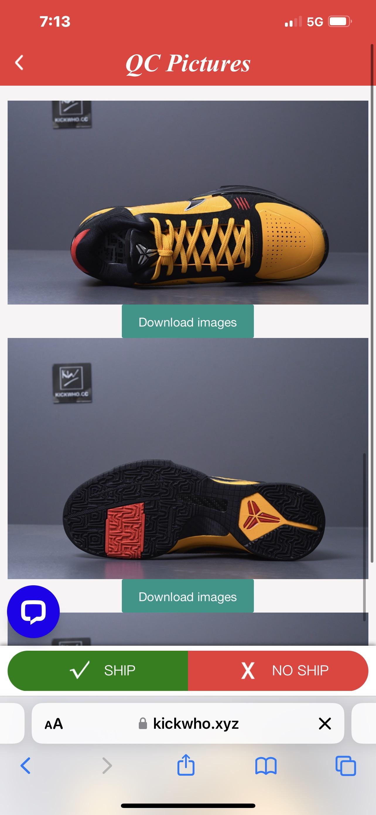 Kobe 5 Godkiller sneaker photos showing quality control close-ups in a mobile app interface