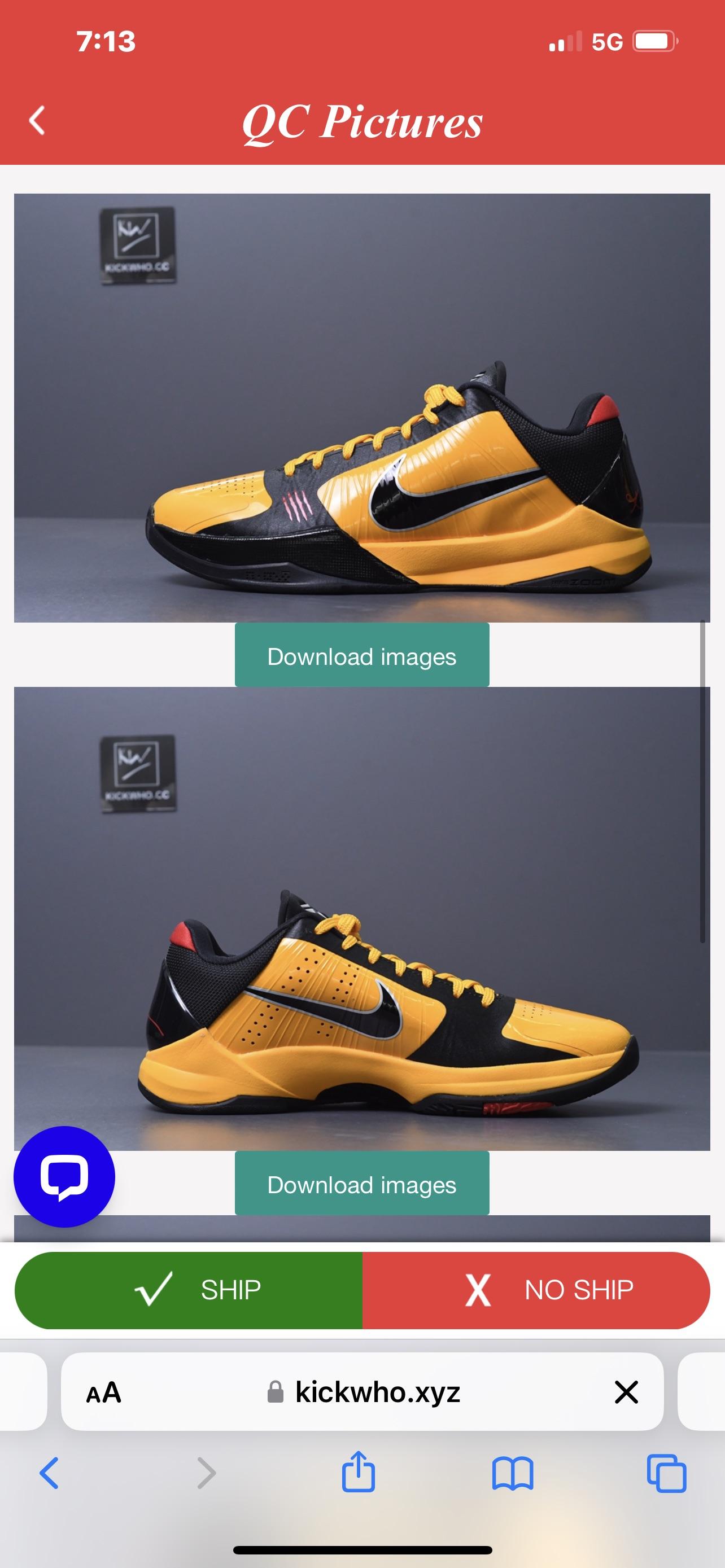 Kobe 5 Godkiller sneaker photos showing quality control close-ups in a mobile app interface