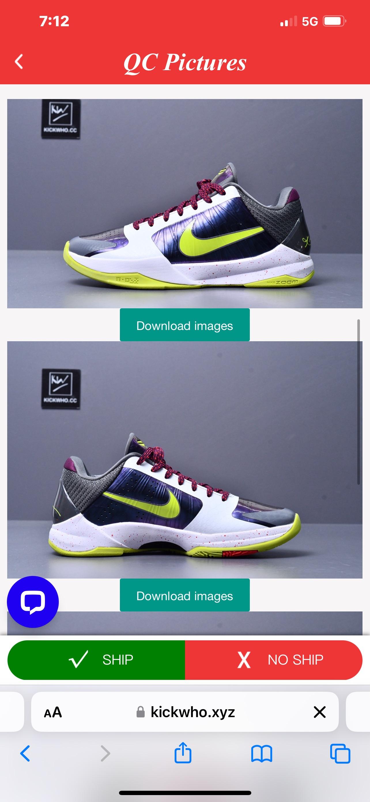 Kobe 5 Godkiller sneaker photos showing quality control close-ups in a mobile app interface