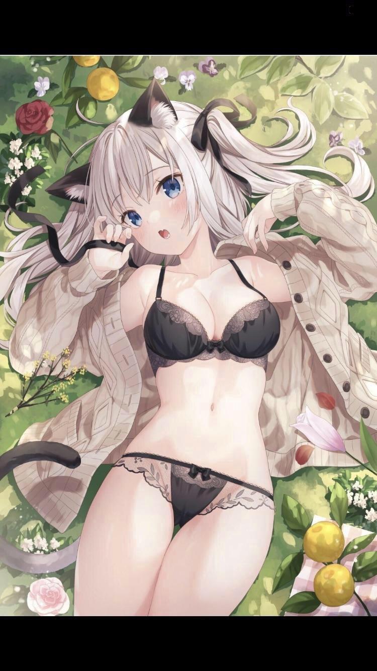 Busty anime catgirls and girls in lingerie, bikinis, and bodysuits with various hair colors.