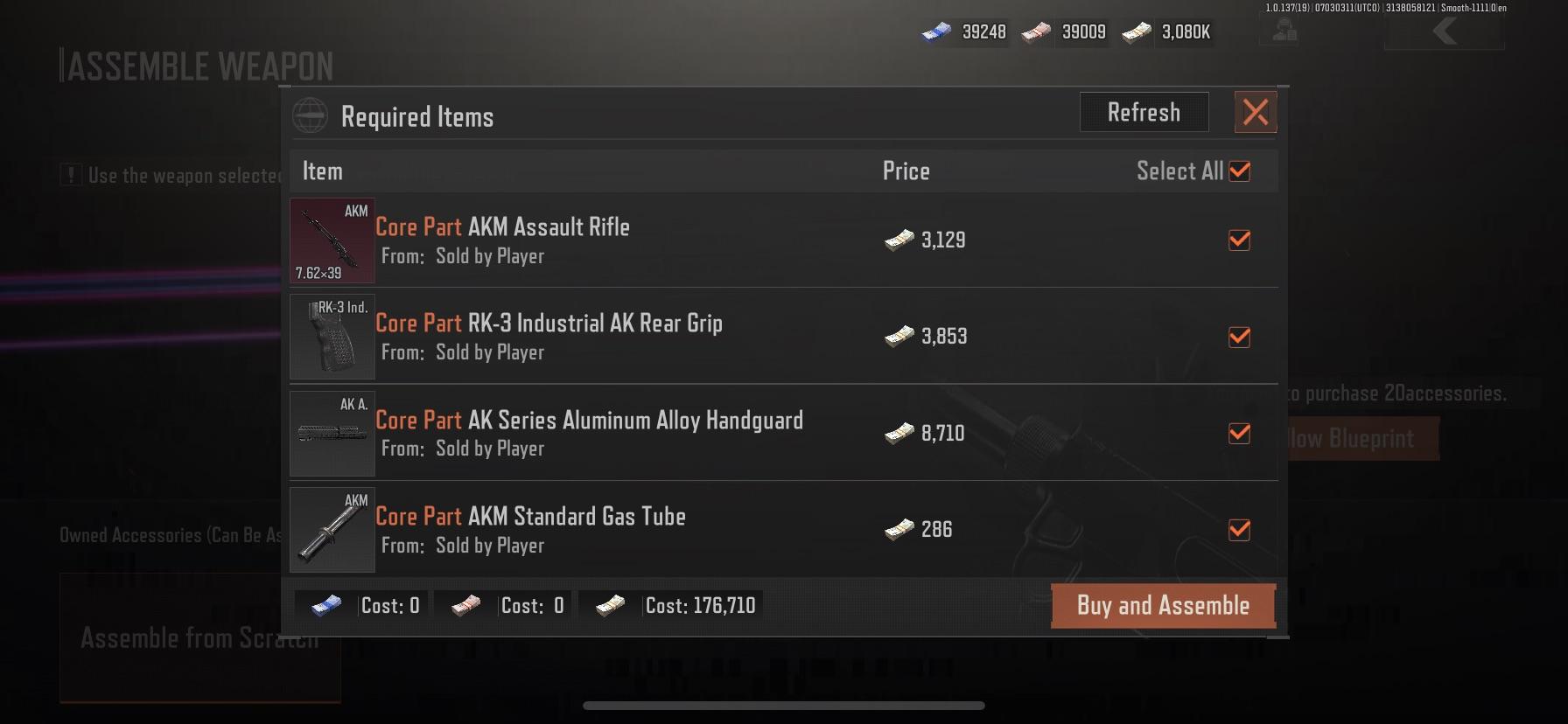 Arena Breakout Global weapon assembly menu for an AKM assault rifle with required core parts