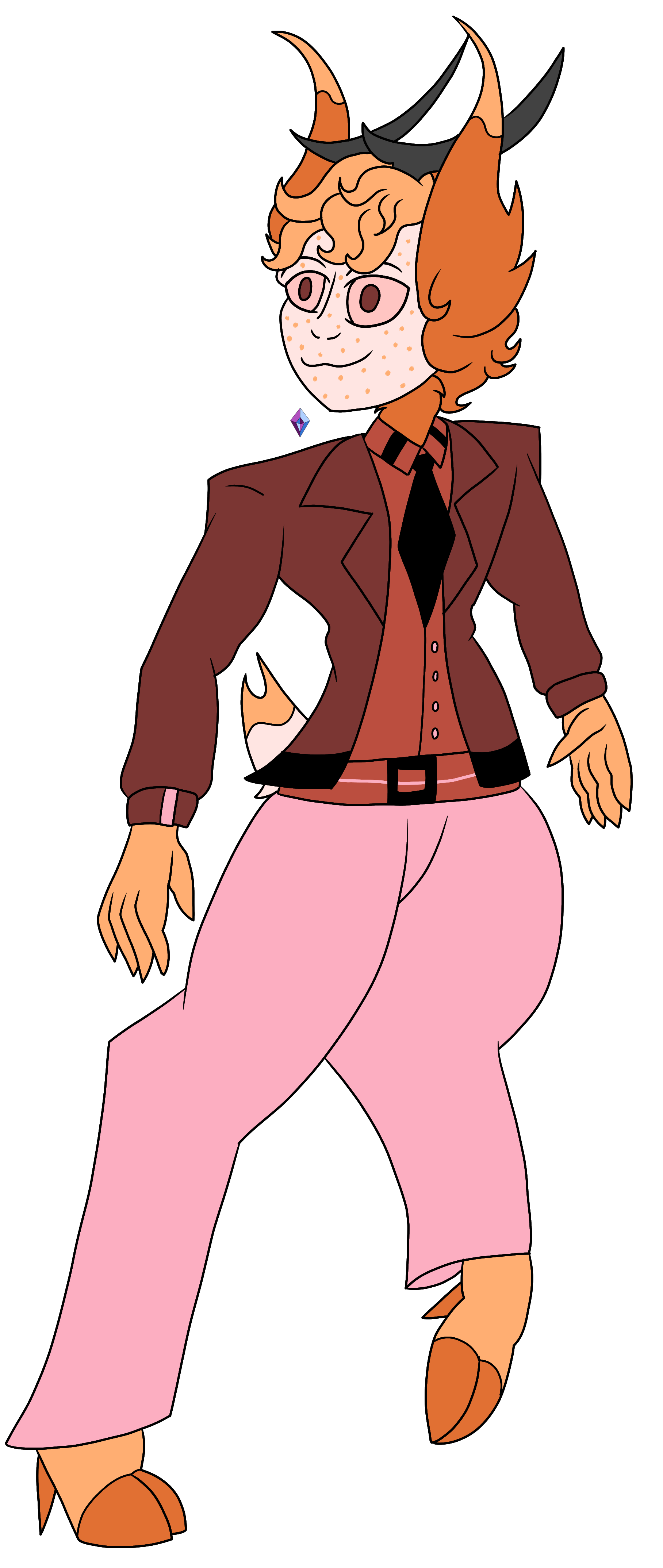 Rabo, a deer sinner from Hazbin Hotel with orange fur, horns, a brown blazer, and pink pants.