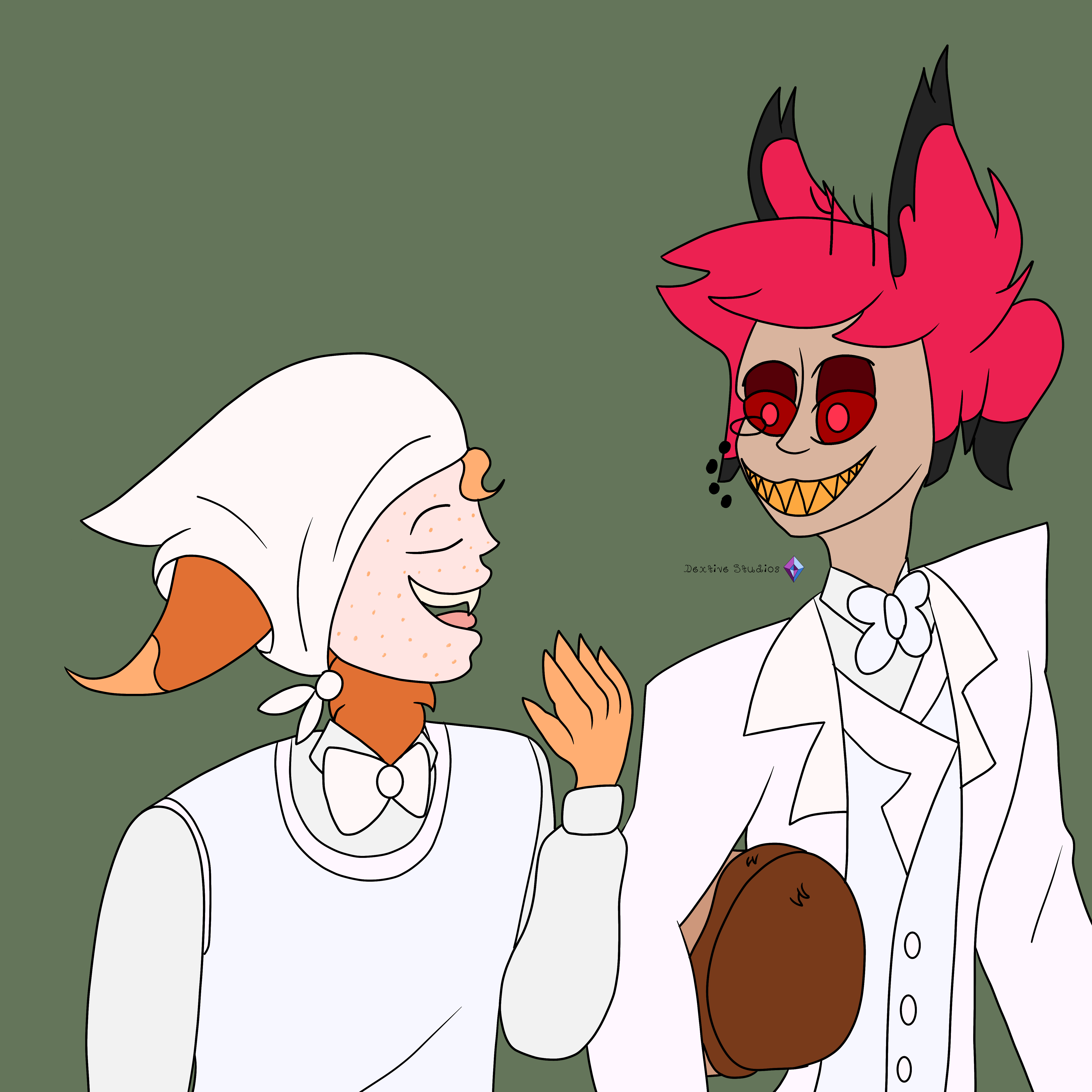 Rabo, a deer sinner from Hazbin Hotel with orange fur, horns, a brown blazer, and pink pants.