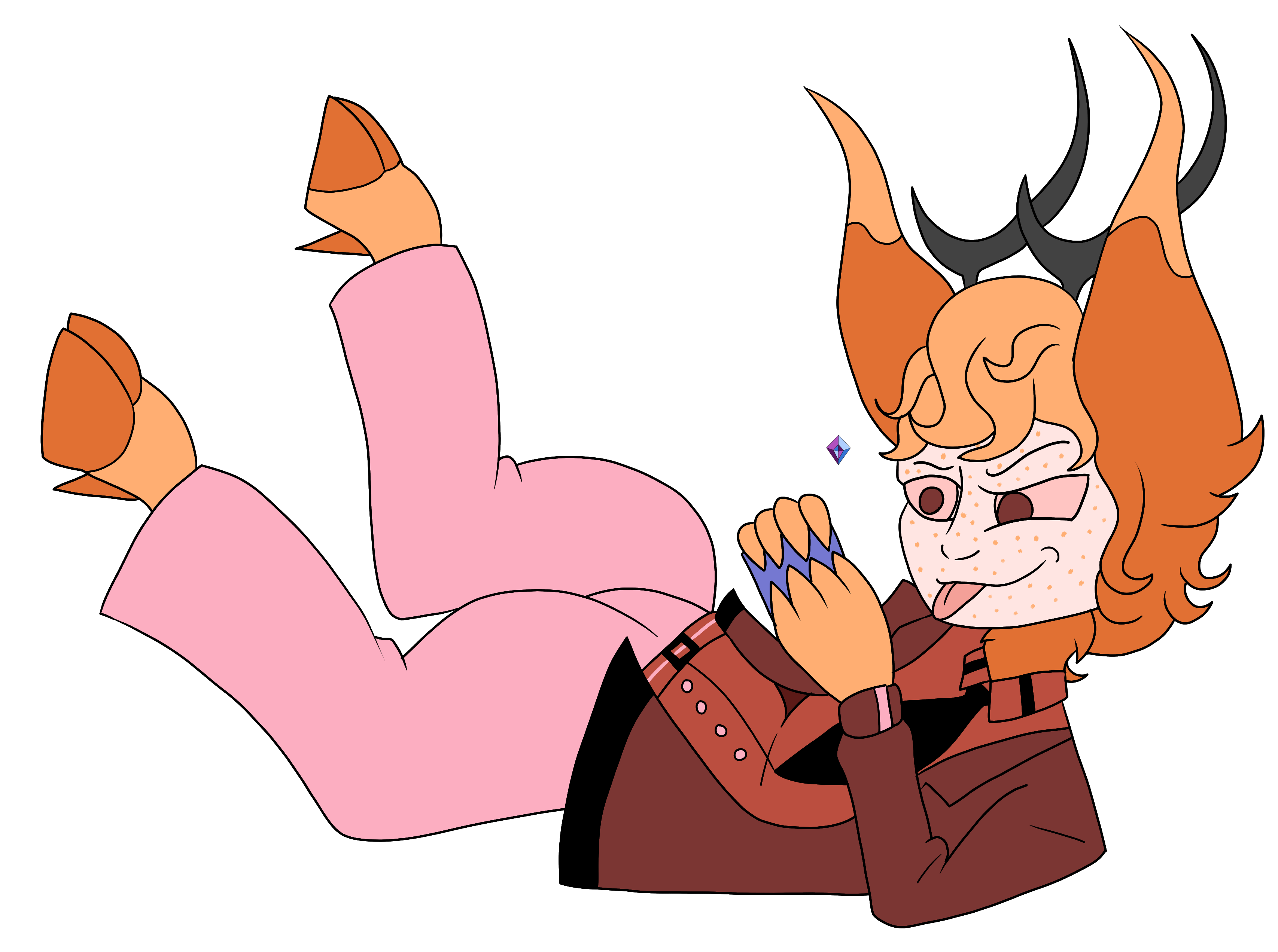 Rabo, a deer sinner from Hazbin Hotel with orange fur, horns, a brown blazer, and pink pants.
