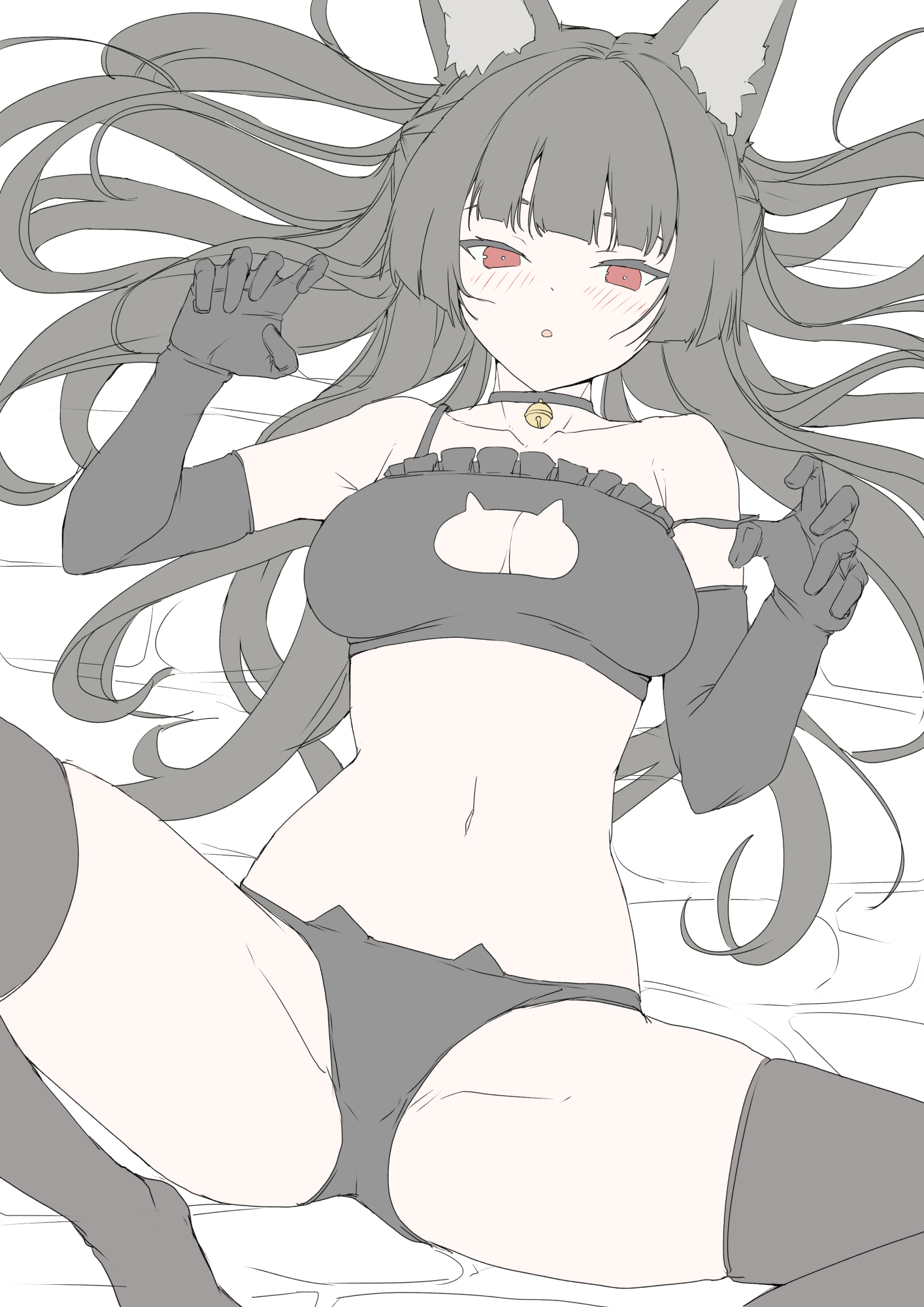 Anime catgirl with long grey hair wearing a grey crop top and panties, lying on her back against a white background.