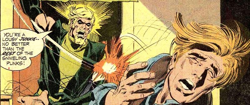 Batman DC comics art showing a group of muscular men in a violent confrontation with scars and close-ups.