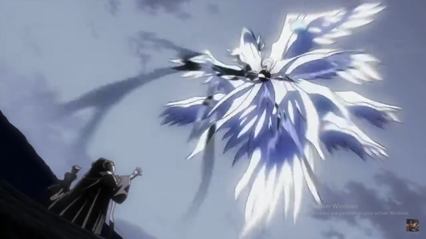 Albedo from Overlord anime art with long black hair and glowing orange eyes in a cosmic fire setting
