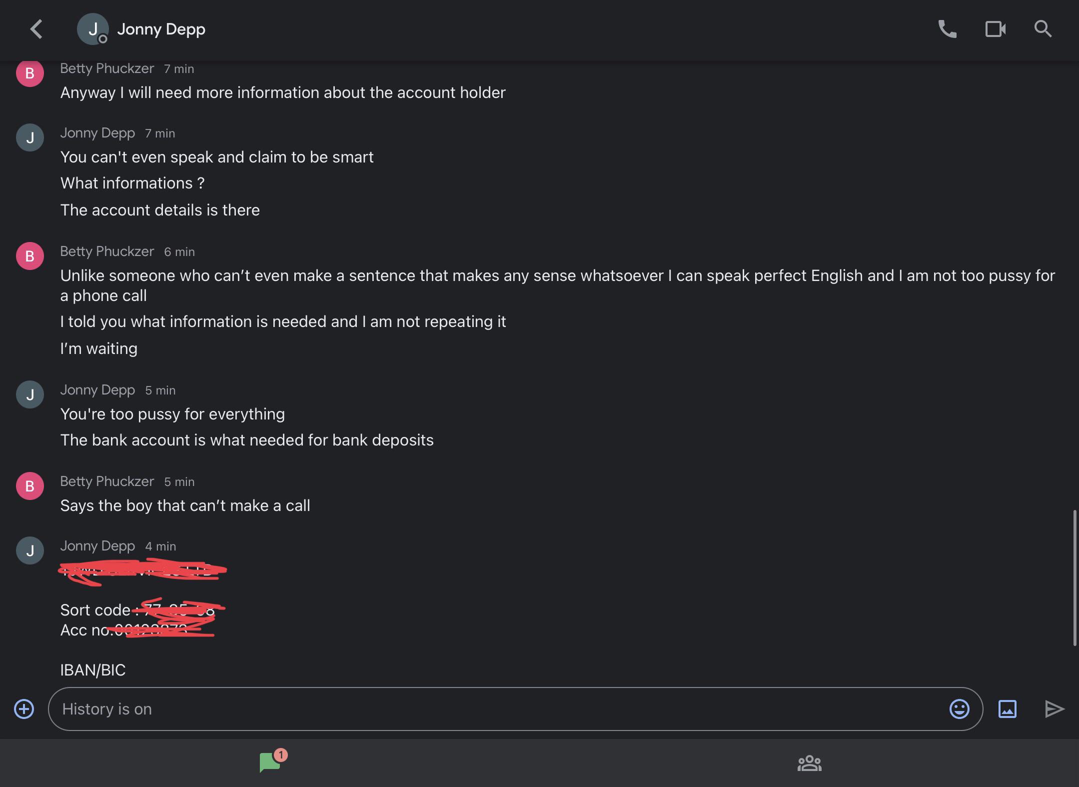 Scambait chat between Jonny Depp and Betty Phuckzer regarding bank transfers and money