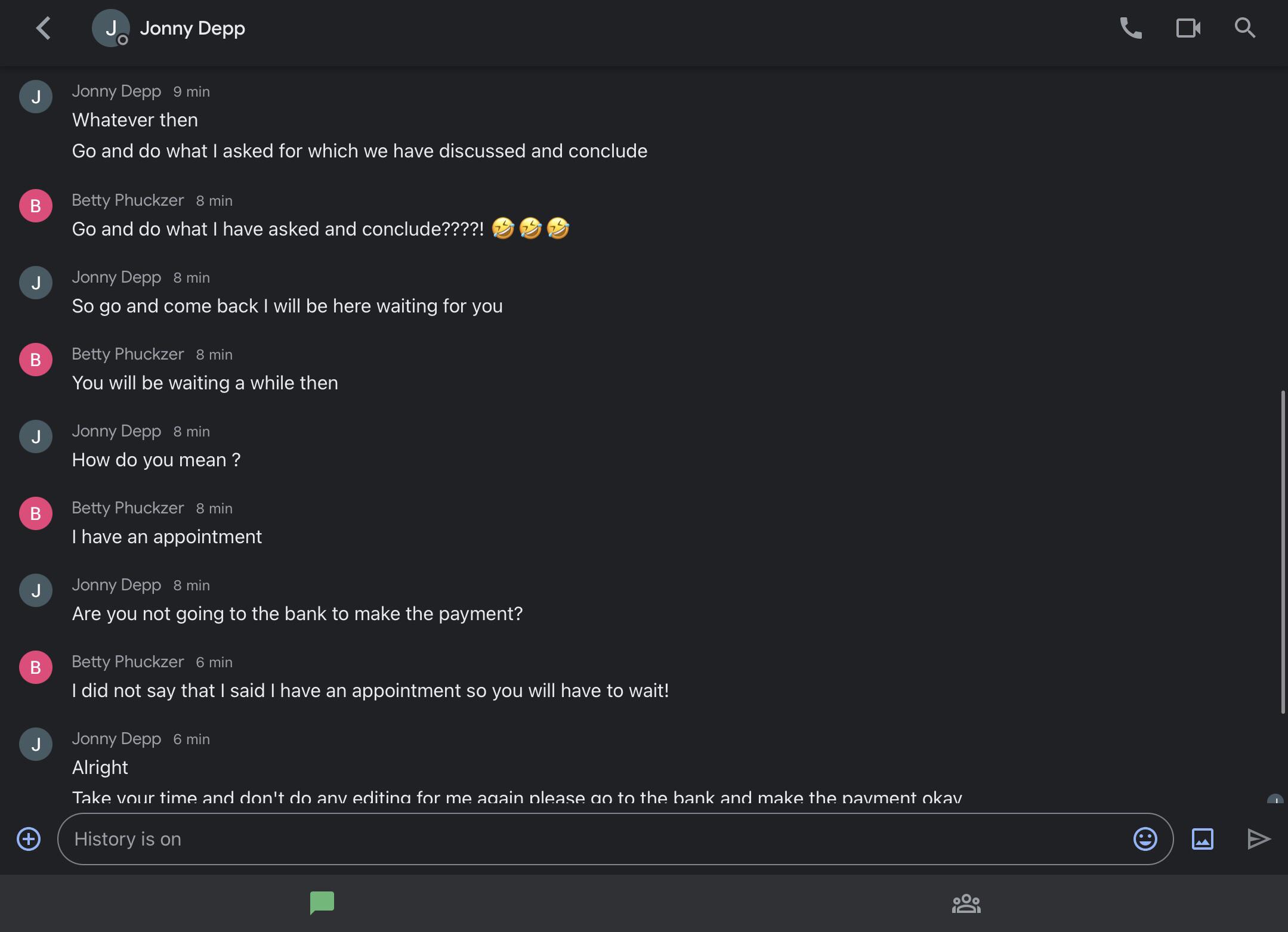 Scambait chat between Jonny Depp and Betty Phuckzer regarding bank transfers and money