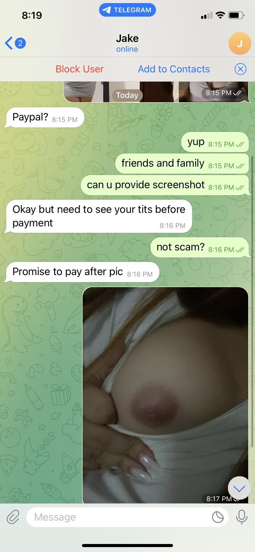 Sexting conversation on Telegram with a slim blonde woman showing her tits and nipples