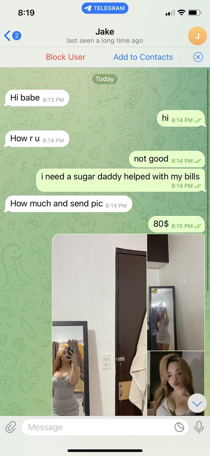 Sexting conversation on Telegram with a slim blonde woman showing her tits and nipples
