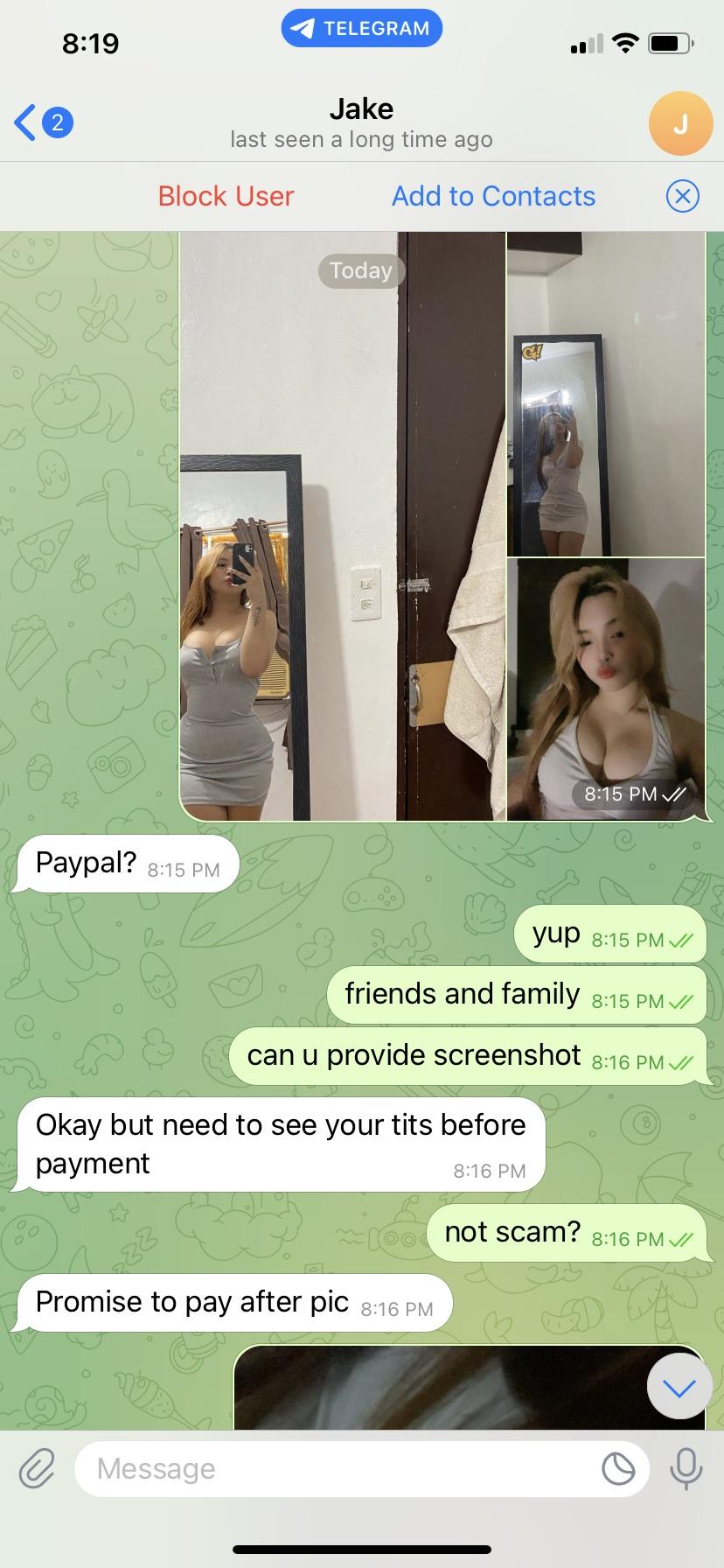 Sexting conversation on Telegram with a slim blonde woman showing her tits and nipples
