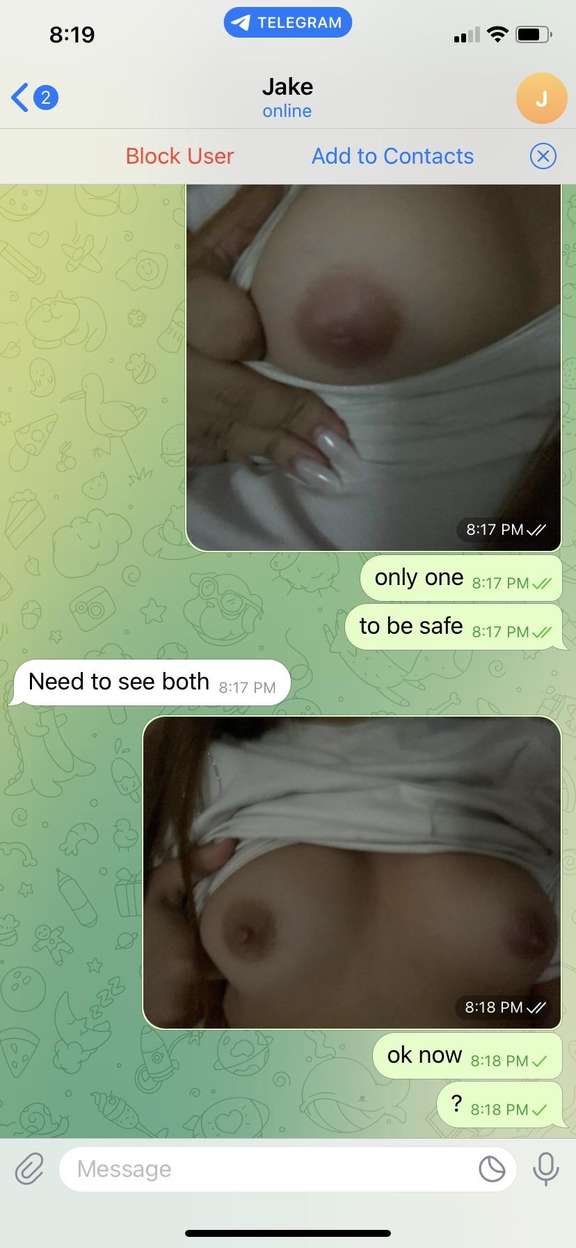 Sexting conversation on Telegram with a slim blonde woman showing her tits and nipples