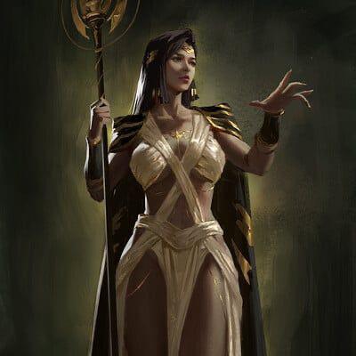 INA WONG as a mixed athletic woman in bronze armor, sitting with arms up in a sunlit room
