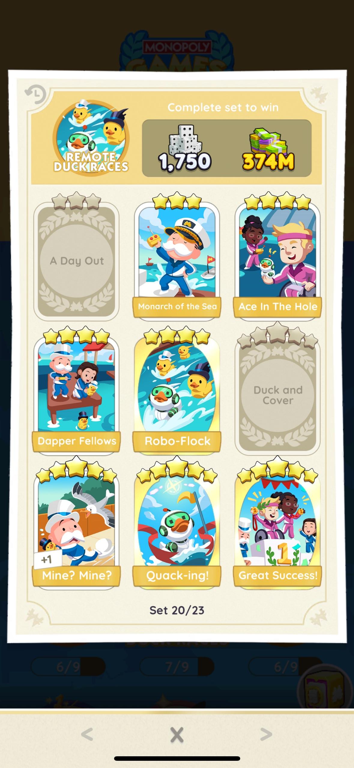 Monopoly Go Trading digital cards for the Remote Duckraces set featuring chibi rubber ducks and characters