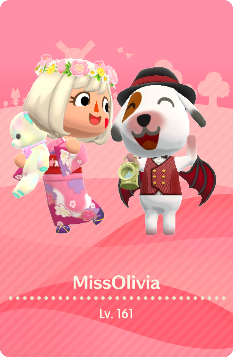 Animal Crossing Pocket Camp screenshot of MissOlivia in a pink floral kimono and flower crown with Bones the dog