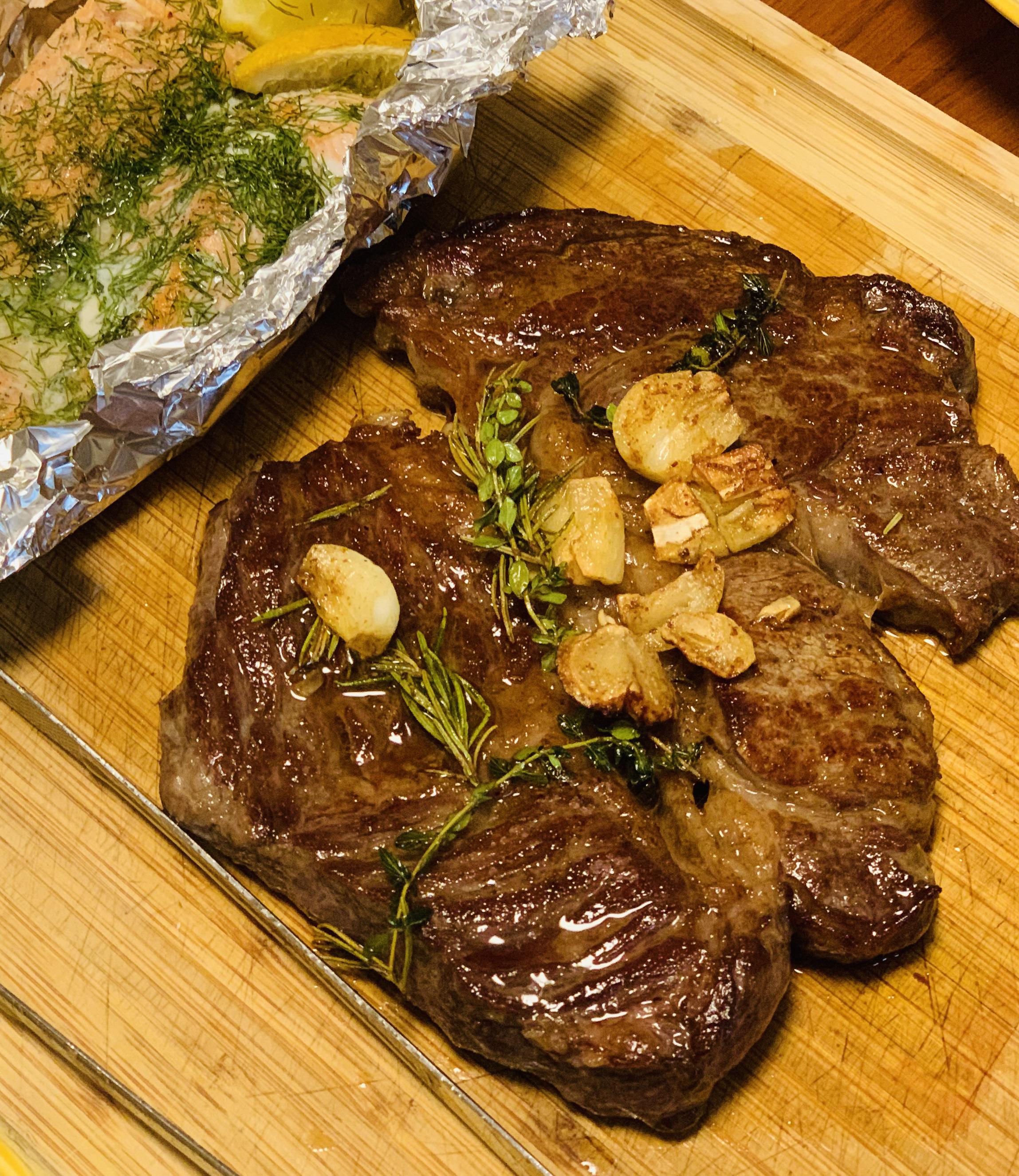 Wednesday rib eye - did in an iron pan with a bacon press on top ...