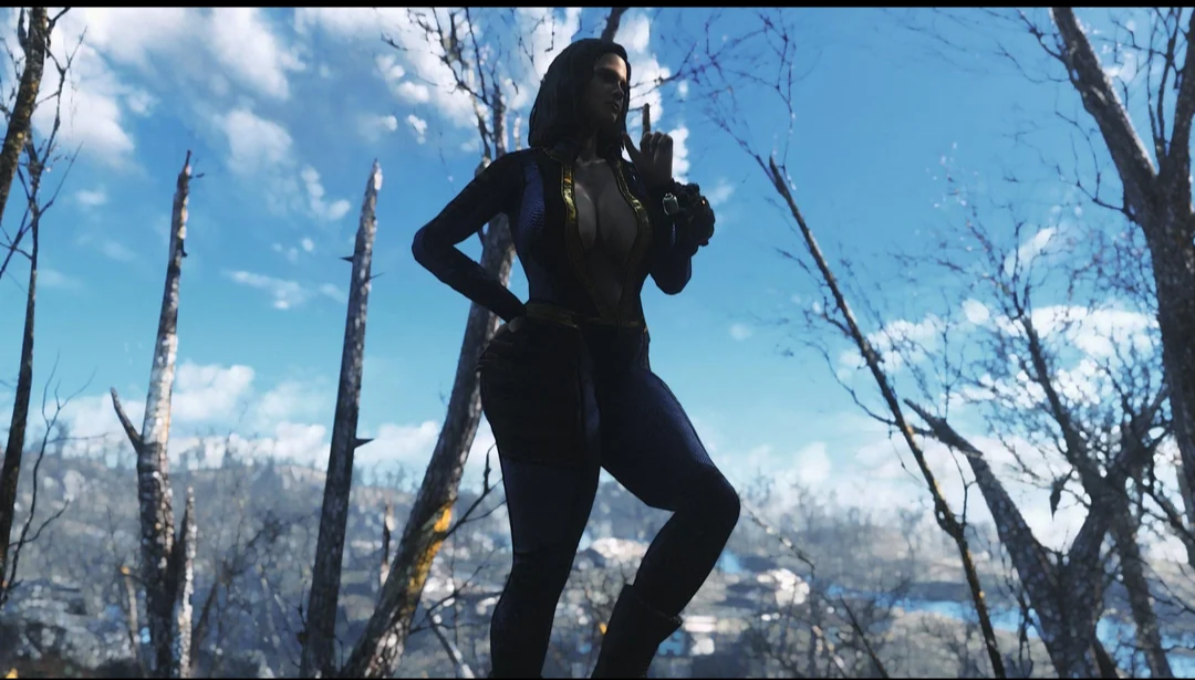 Curvy brunette in a tight blue bodysuit catsuit posing in a snowy forest, 3D style.