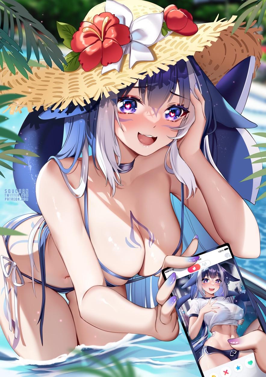Busty anime girls and FNAF fan art including asian, ebony, and white characters with nipple piercings and big tits
