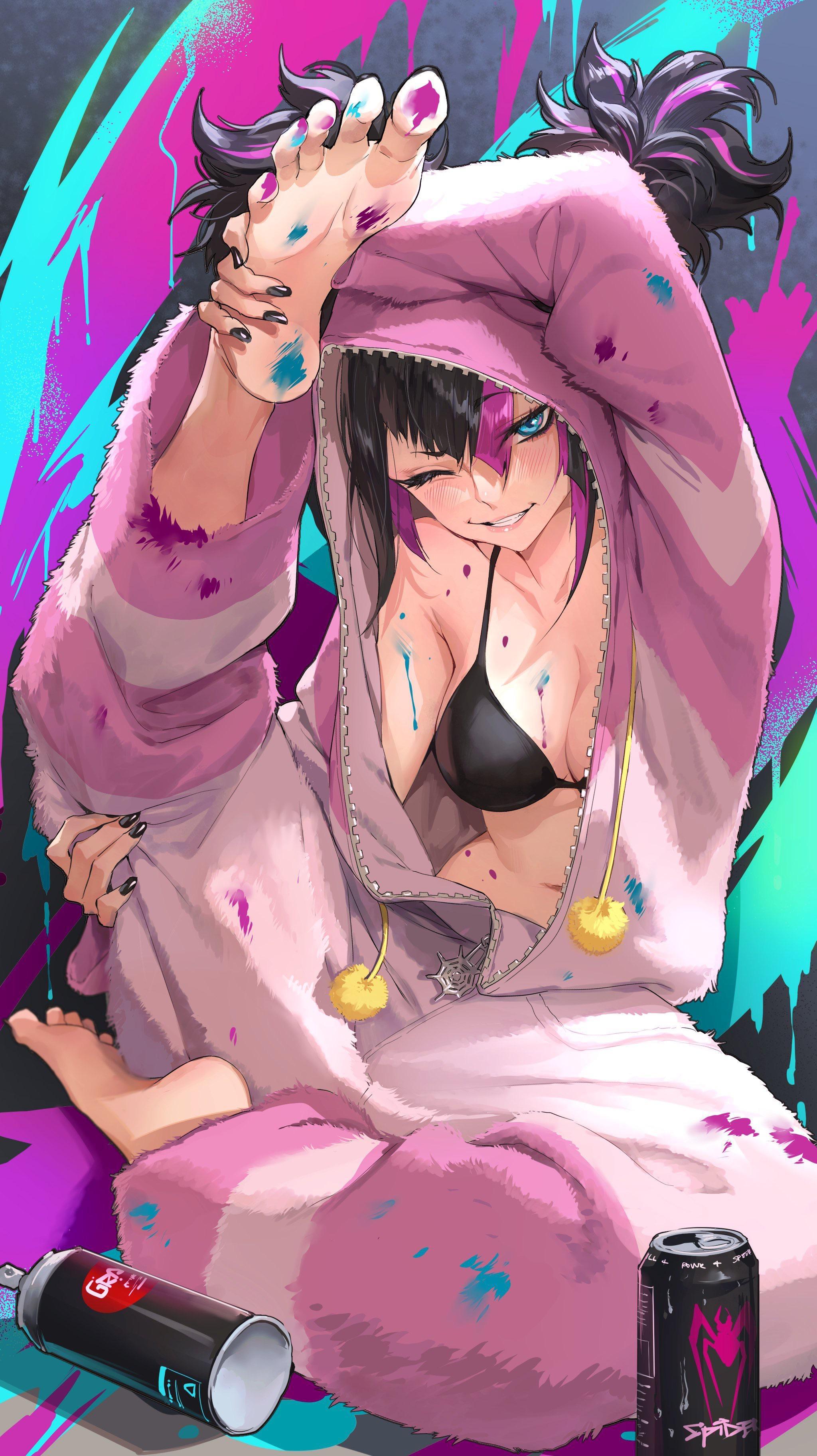 Busty anime girls and FNAF fan art including asian, ebony, and white characters with nipple piercings and big tits