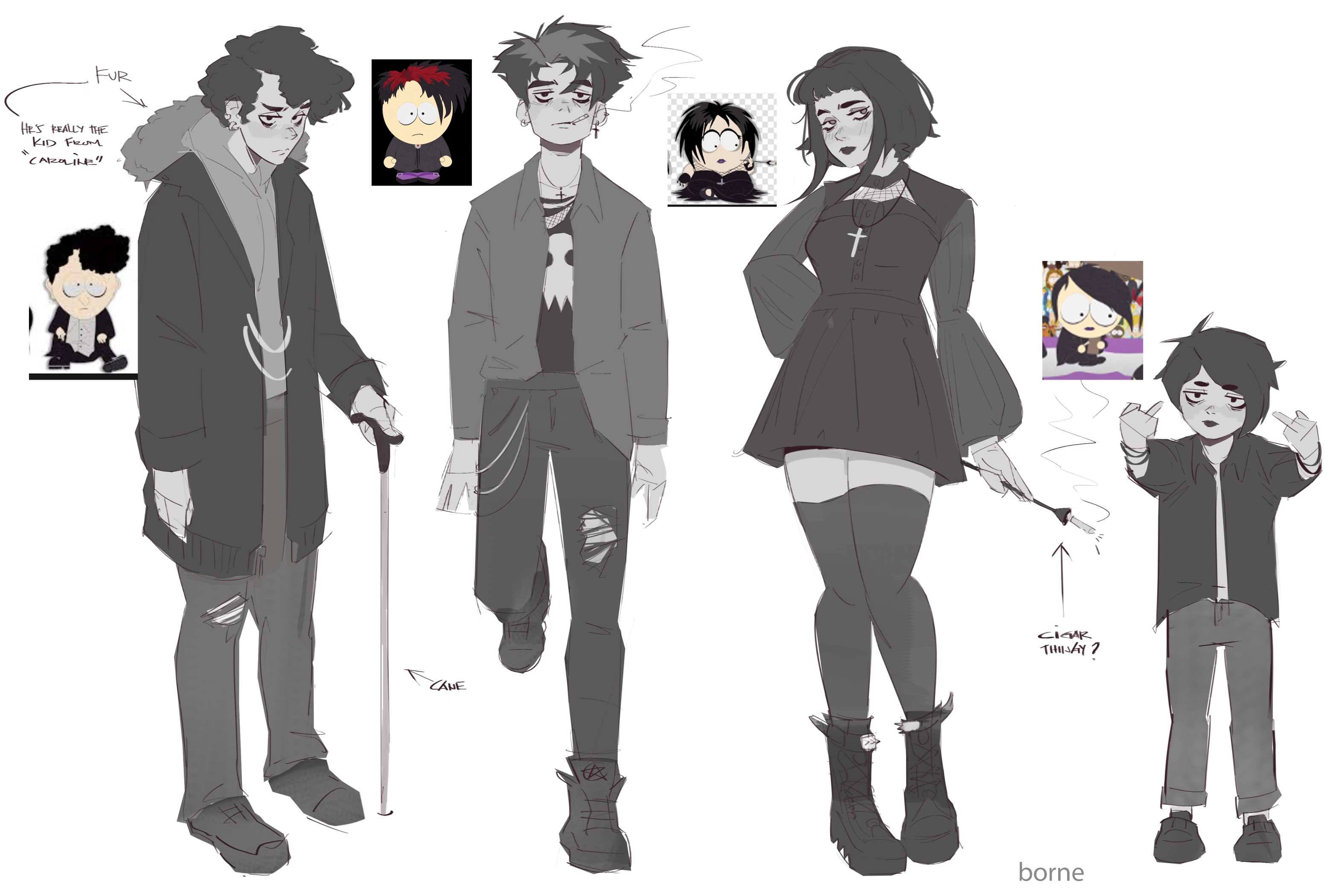 Anime art and digital concept art featuring character sketches, an armored figure with a baby, and red clothing.