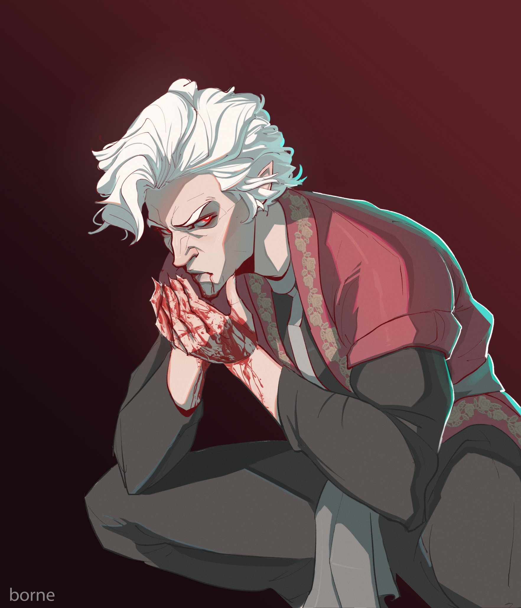 Anime art and digital concept art featuring character sketches, an armored figure with a baby, and red clothing.