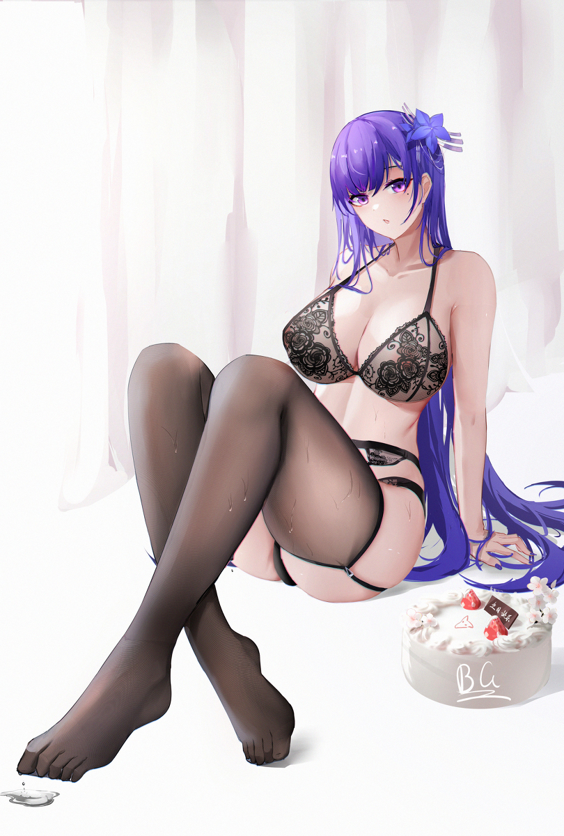 Busty anime girls with purple and brown hair in lingerie and nude, posing in a bedroom.