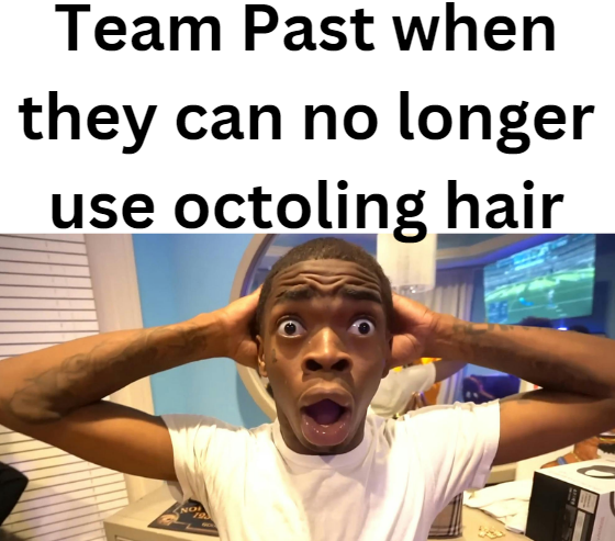 Splatoon meme with a man in a white shirt reacting with shock to text about game updates and octoling hair.