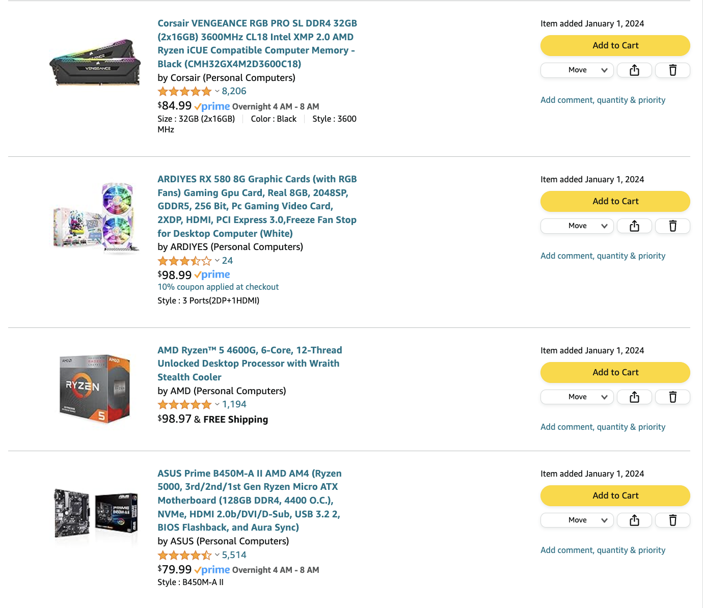 Gaming PC builds shopping cart with Ryzen 7 5800X, ASRock B550, and a precision screwdriver tool kit