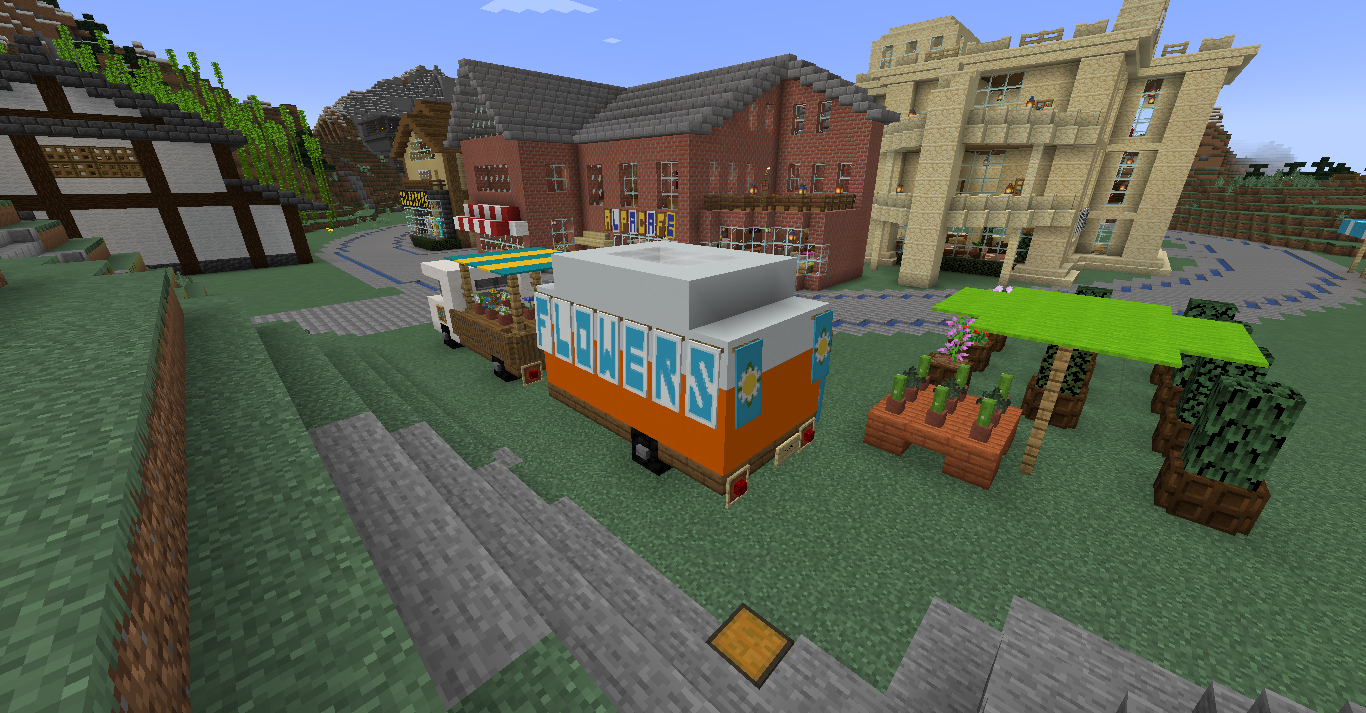 Cute small Minecraft builds of a flower shop with orange and white stalls and a FLOWERS sign