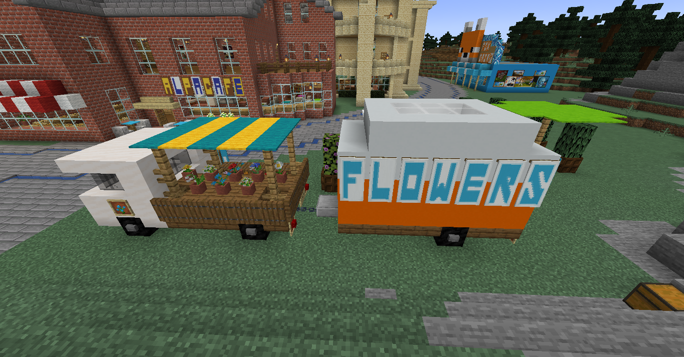 Cute small Minecraft builds of a flower shop with orange and white stalls and a FLOWERS sign
