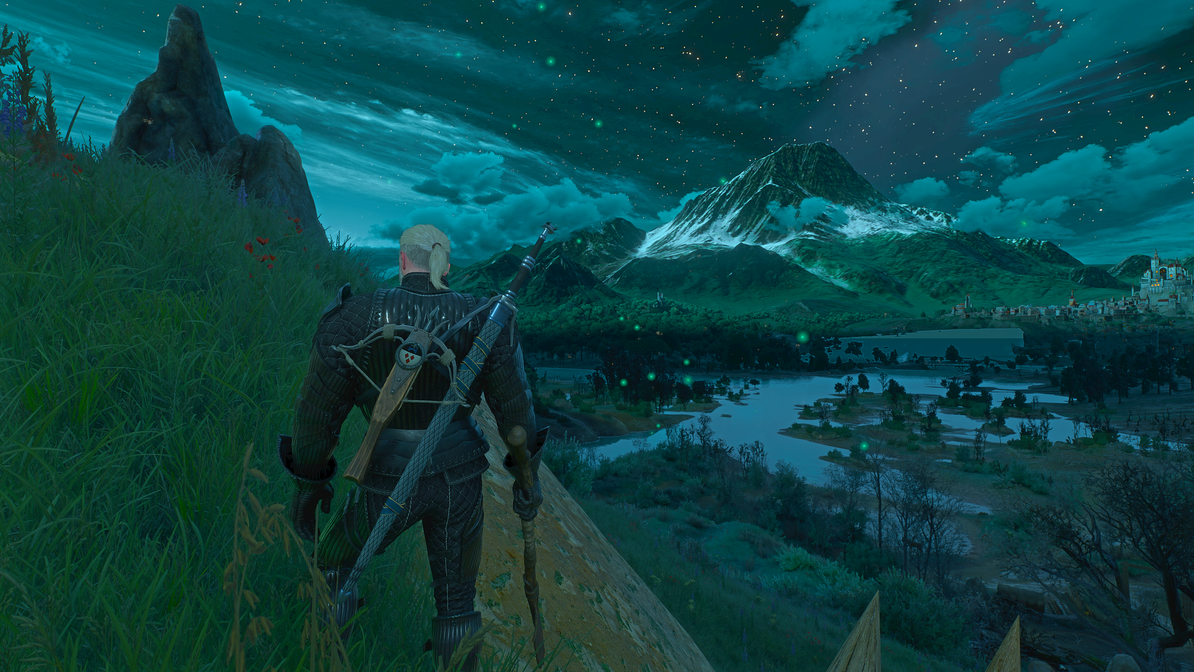 Geralt of Rivia in a fantasy world with his horse near a castle landscape