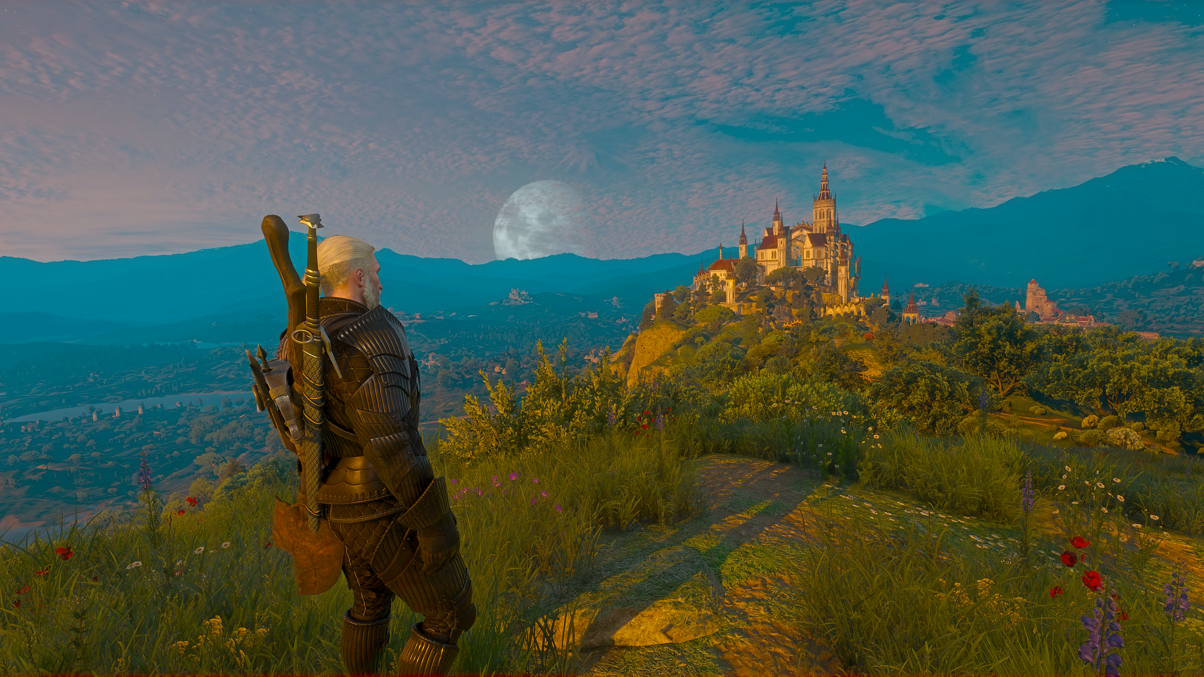 Geralt of Rivia in a fantasy world with his horse near a castle landscape