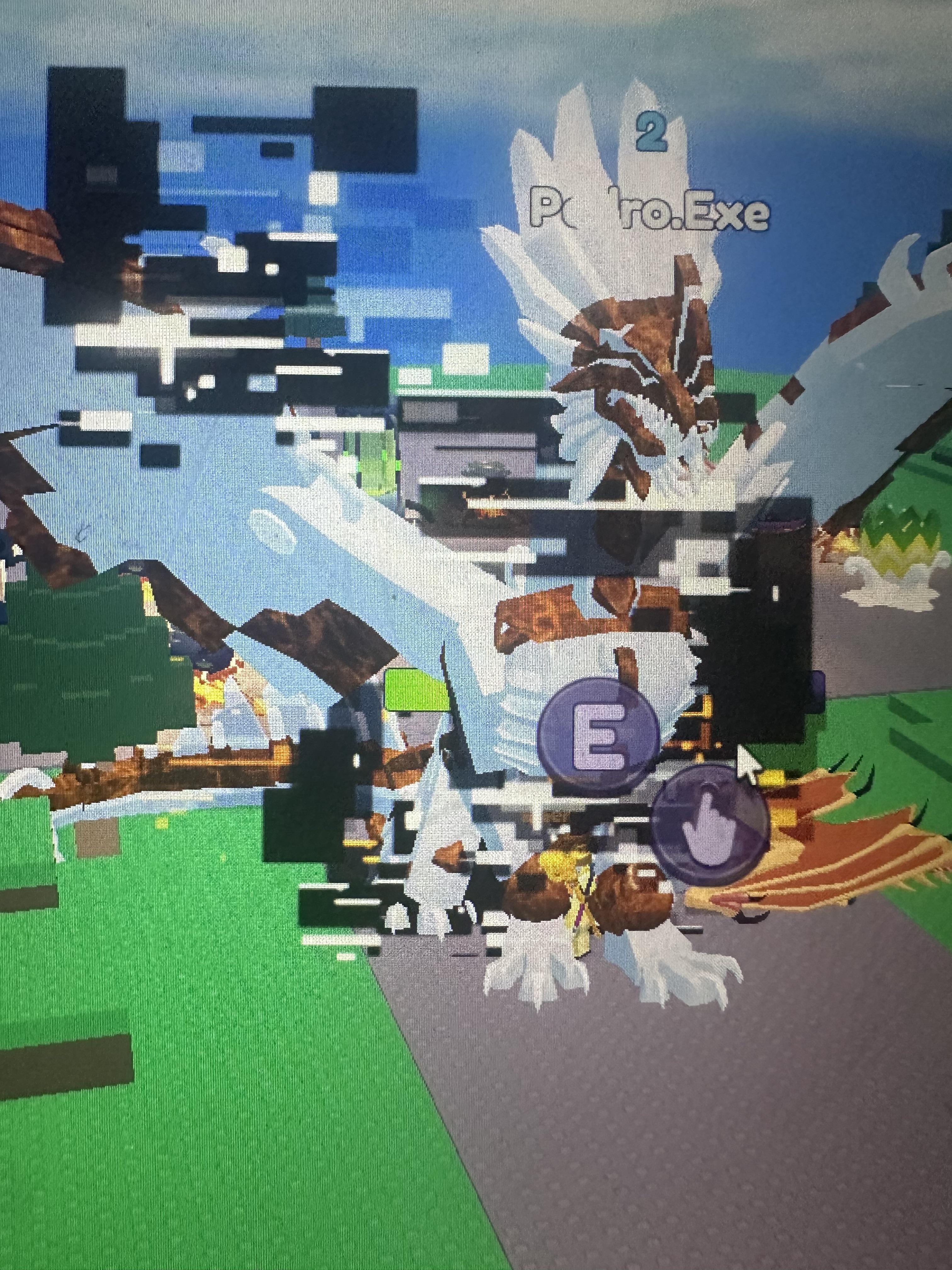 Dragon Adventures winged creature with glitch effects and UI elements in a grassy environment