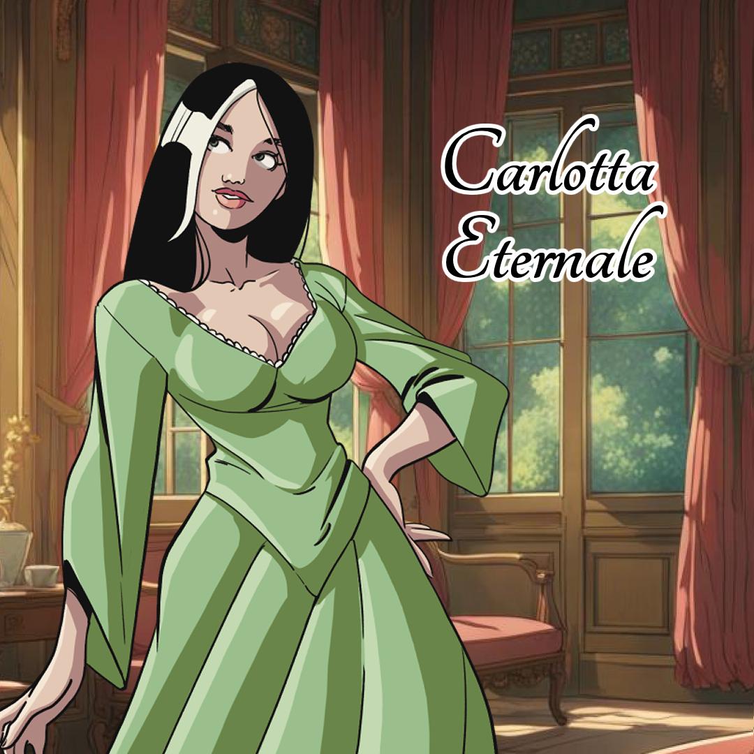 Interracial girl on girl erotica comic featuring Carlotta and a curvy mixed woman with purple hair and tattoos