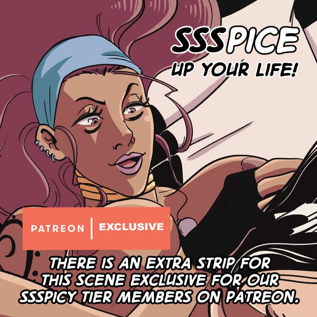 Interracial girl on girl erotica comic featuring Carlotta and a curvy mixed woman with purple hair and tattoos